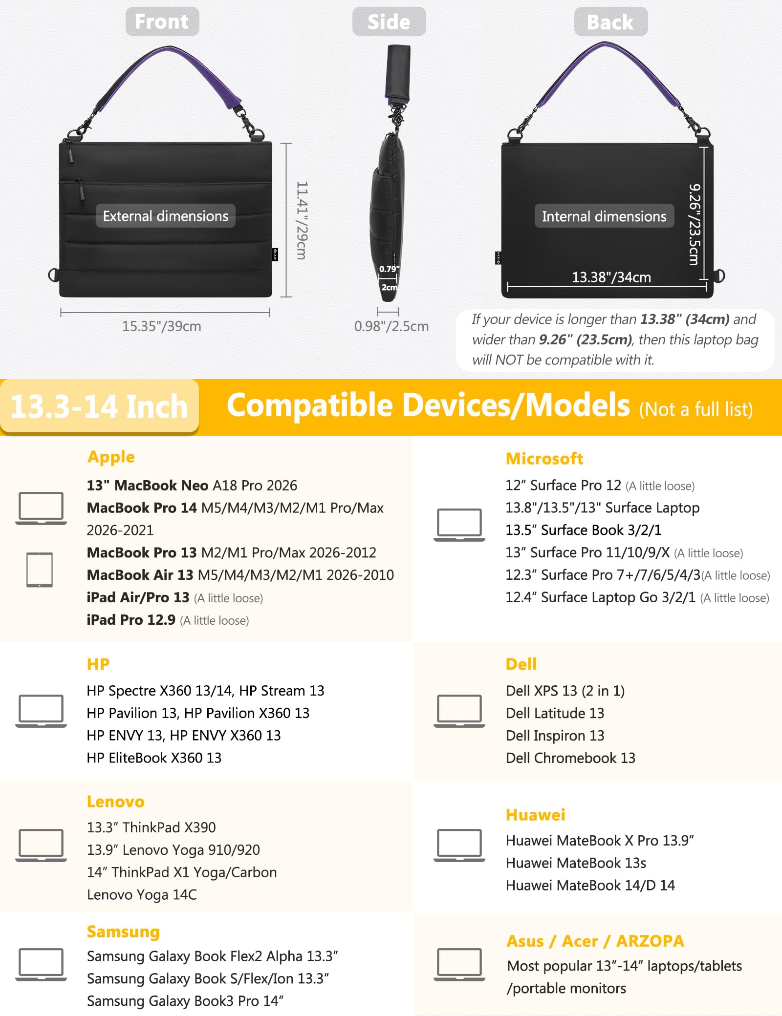 HYZUO 13,3-14 Pulgadas Funda para Portátil para MacBook Pro 14 M5-M1 A3426 A3427, MacBook Pro/Air 13, 13" 13,3" DELL/HP/Lenovo/ASUS/Samsung, Bolsos Hombro Dobles Mujer Trabajo Diario Mano, Negro