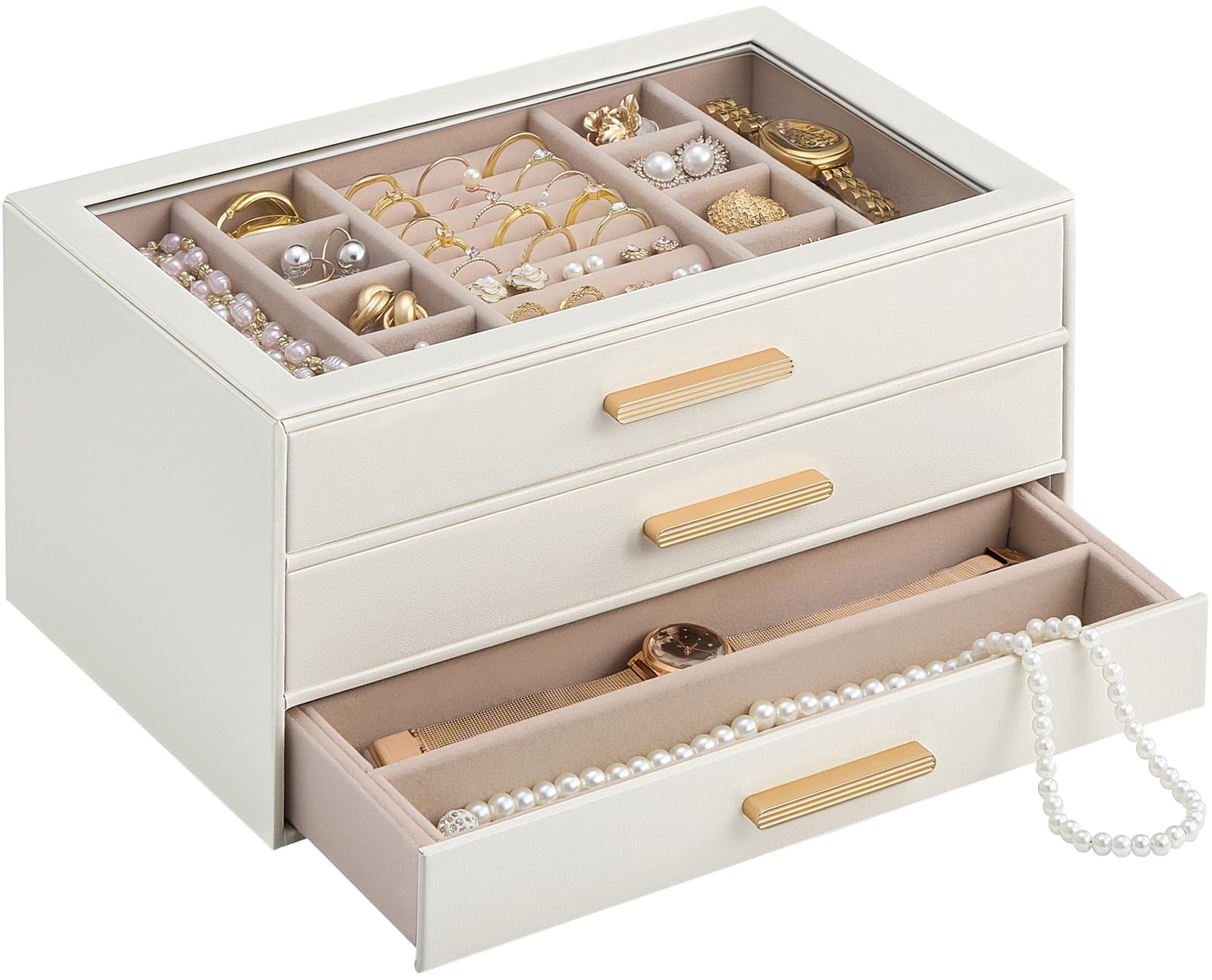 Lolalet Jewelry Box Organizer, 3-Layer Jewelry Organizers and Storage Case with Glass Lid, Ring Earring Bracelet Necklace Holder Organizer, Birthday Christmas Gifts for Women Girls -3Layer, Beige