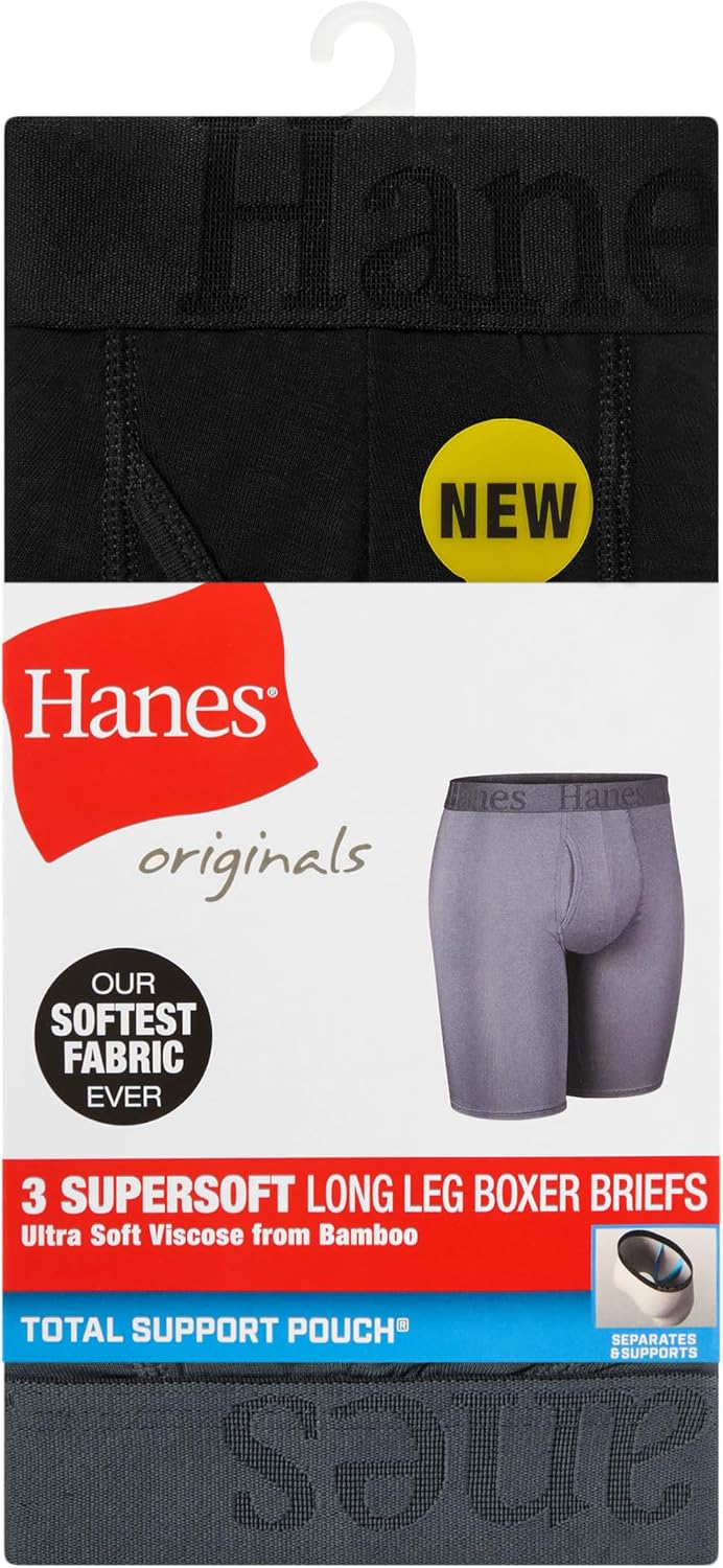 Hanes Men's Originals Supersoft Boxer Brief Underwear, Total Support Pouch Boxer Briefs for Men, Long Leg & Regular, 3-pack