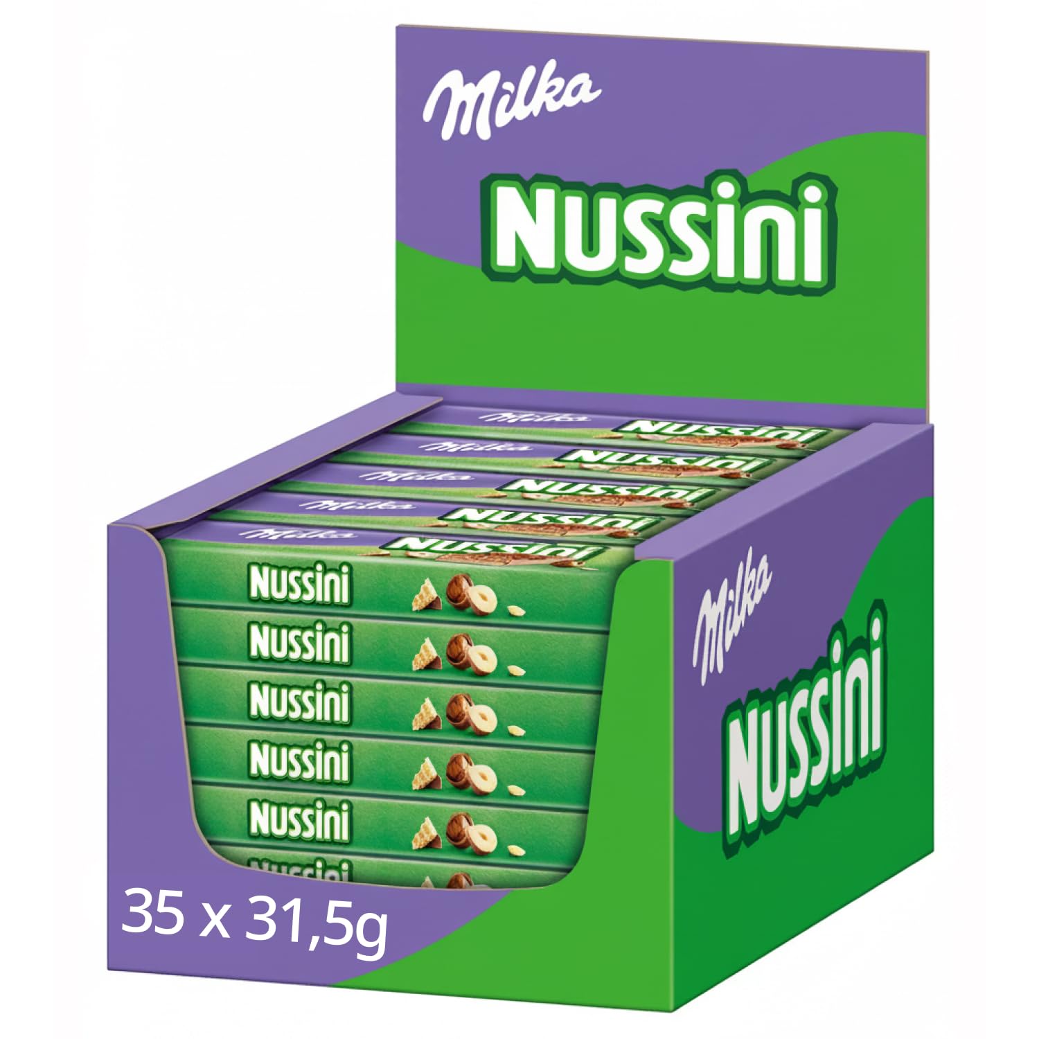 Milka Nussini Riegel – Knusprige Waffelschnitte mit Haselnusscrème und Alpenmilch-Schokolade – 35 x 31,5g