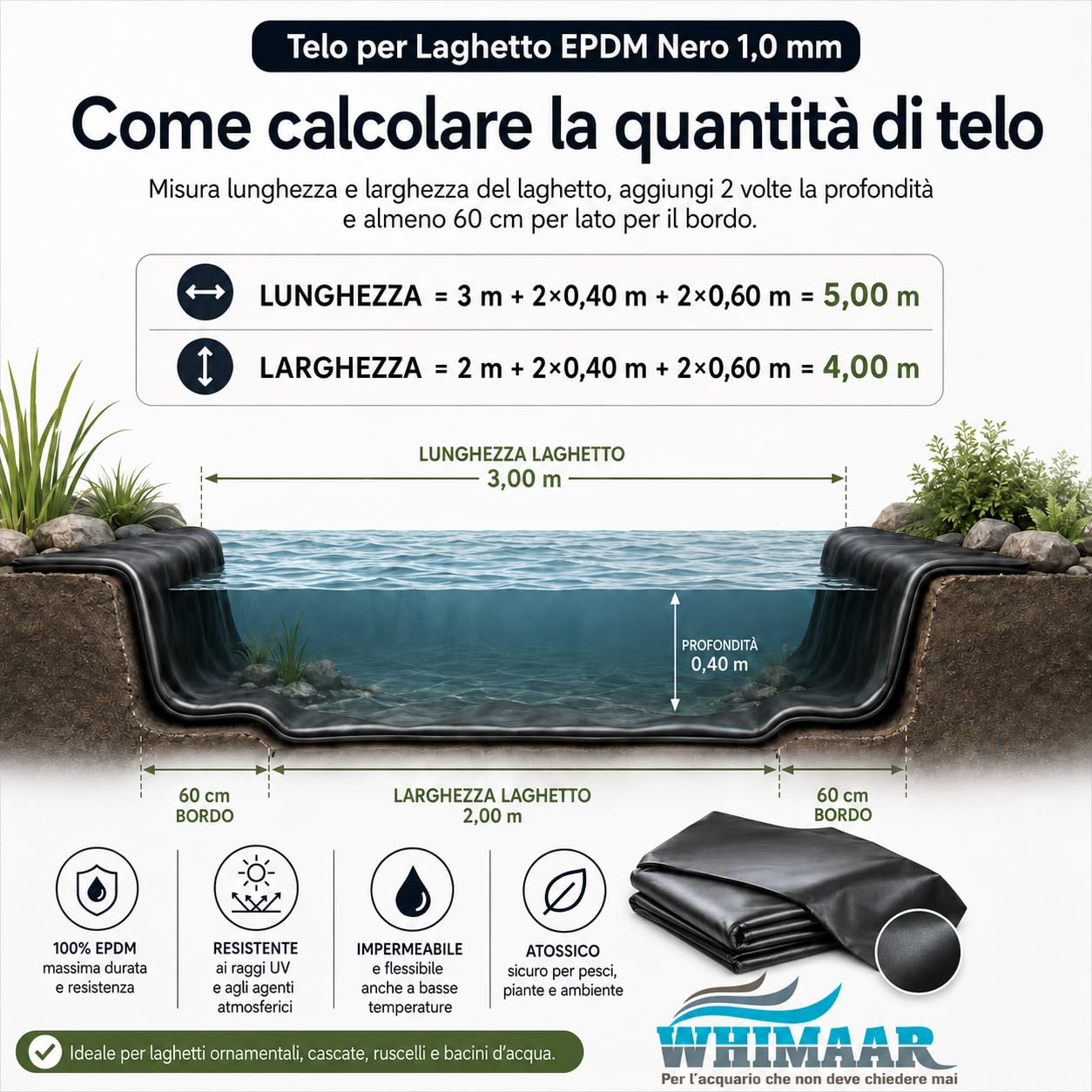 Whimar Telo in EPDM Nero Stabilizzato UV Spessore 1mm per Laghetto o Stagno - Made in Germany (4,5 x 6 mt 1mm)