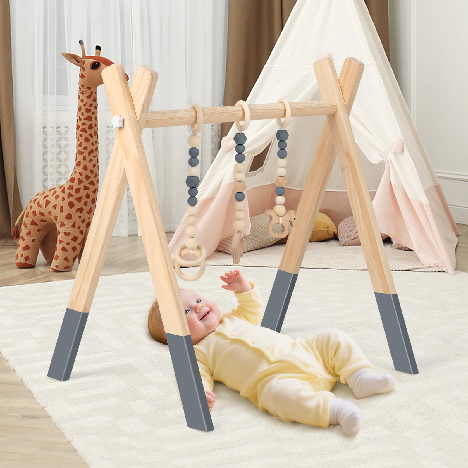 COSTWAY Palestrina Bambini in Legno, Giocattolo a Trapezio Pieghevole Neonati, Montessori Arco da Gioco, per Bambini 3+ Mesi (Grigio)