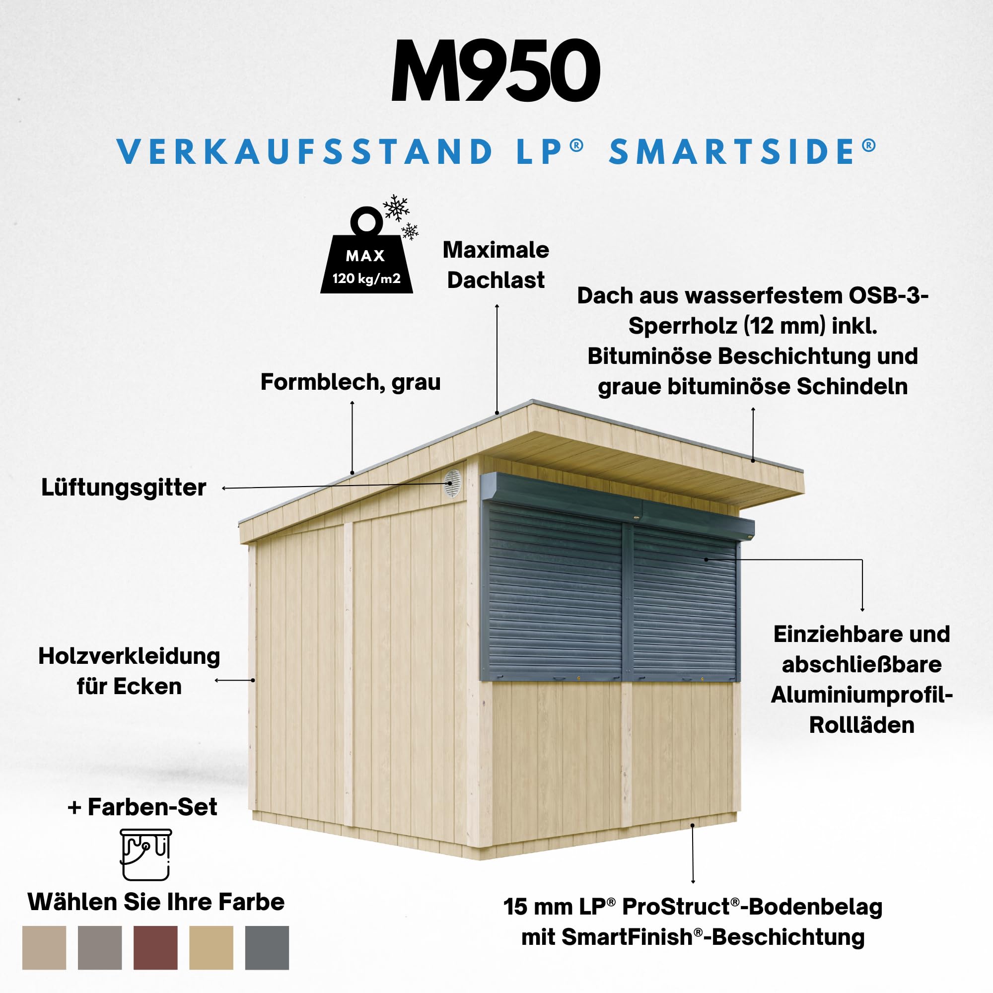 Premium-Außenkiosk - 5,9m² - H240x248x305 cm - Fertig Gartentor, Verkaufsstand, Marktstand, mobiler Bar-Kiosk - LP Smartside Paneelbauweise - Timbela M950-TUNDRA Grey