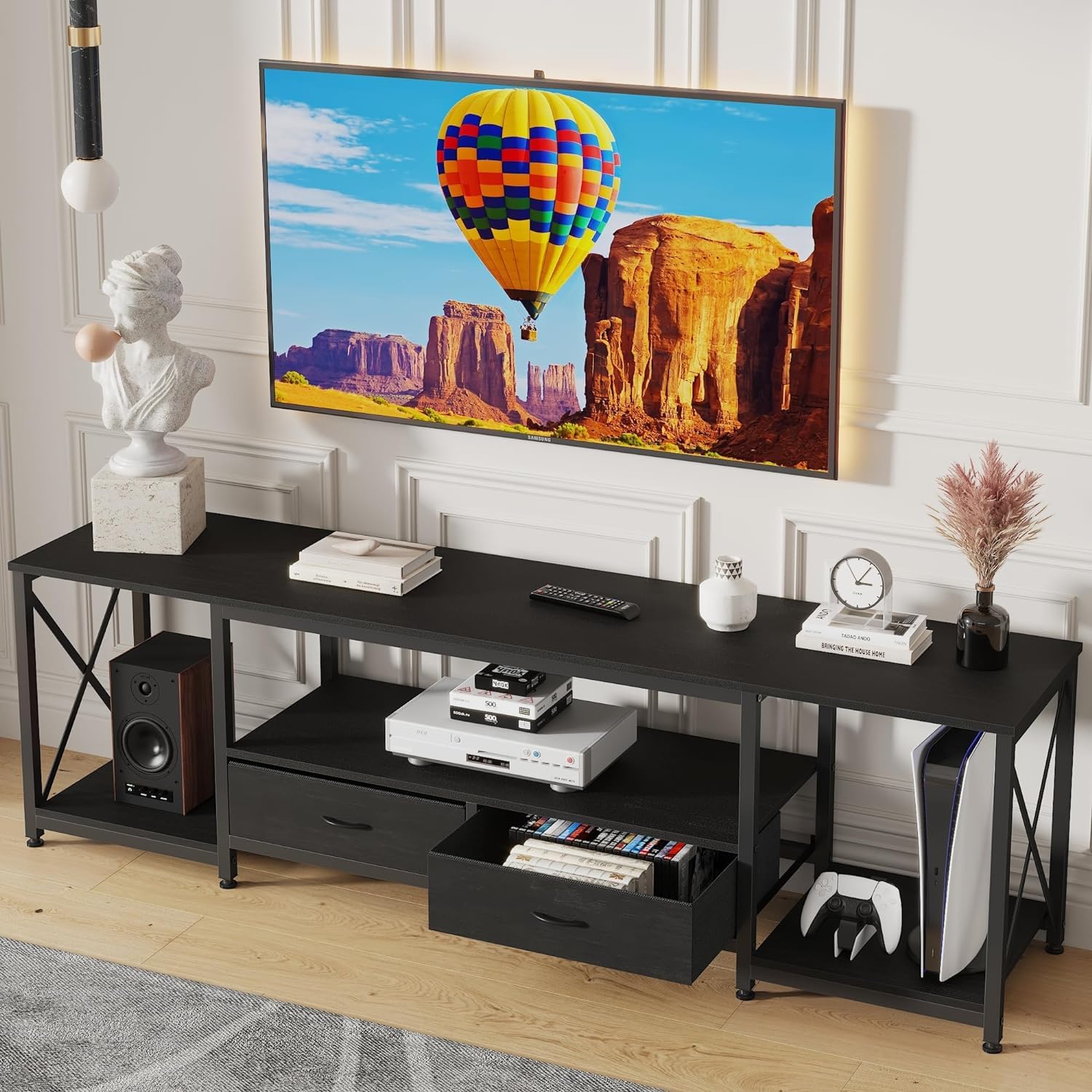 GYIIYUO TV Stand with Fabric Drawer for 50 55 Inches TV - Entertainment Center and Industrial TV Console Table with Open Storage Shelves for Living Room, Bedroom - 47" Black