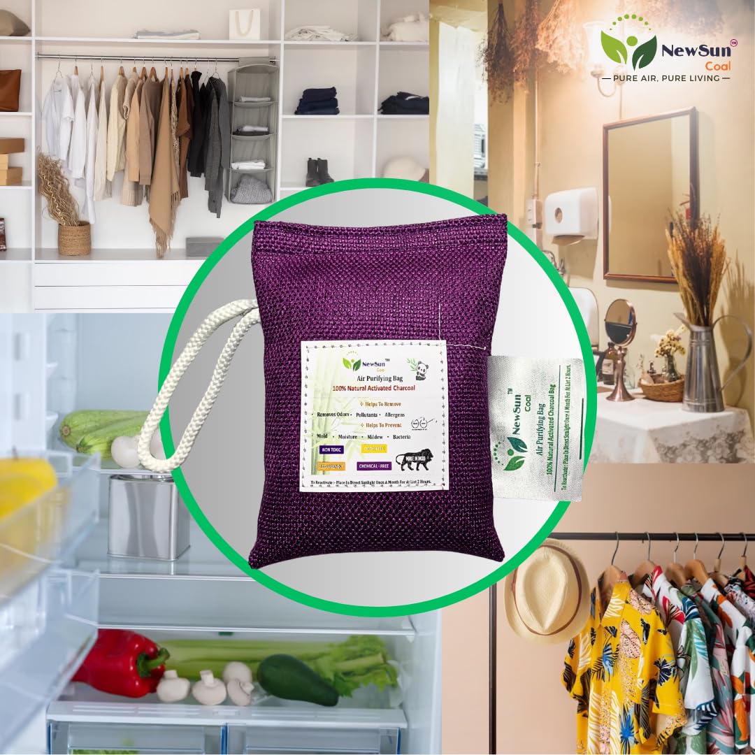 NewSun Activated Bamboo Charcoal Air Purifying Bag Natural Deodorizer And Dehumidifier Unscented, Chunks For Car; Rooms; Pets; Shoes; Purple. Pack Of 1-100Gram 4