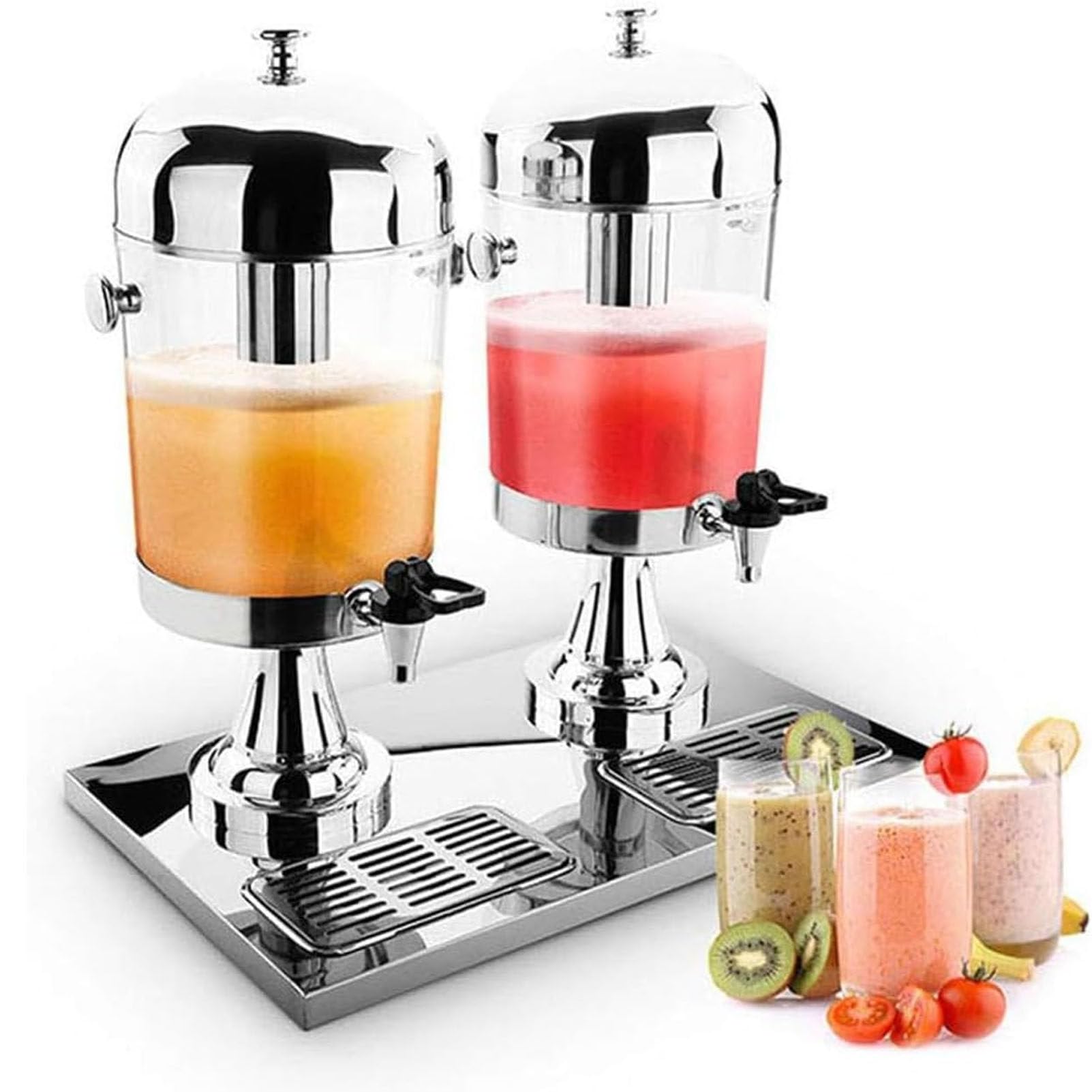 Dispensador comercial de bebidas, dispensador de jugo de acero inoxidable para fiestas, cerveza, bebidas frías con núcleo de hielo central y bandejas de goteo, soporte, 3 barriles/24 L