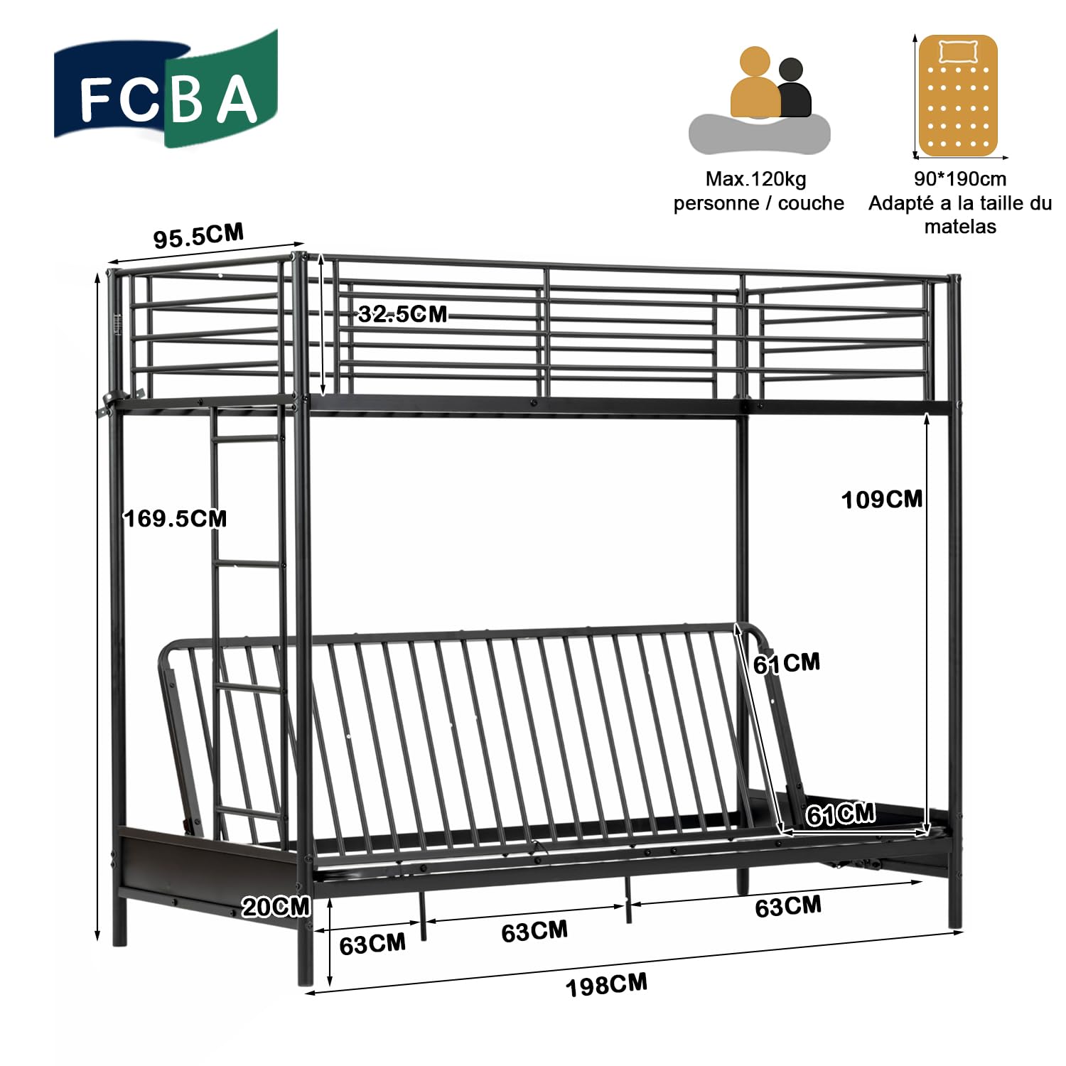 MEUBLE COSY Letto a Castello 90x190 cm con Divano Trasformabile e Rete a Doghe in Metallo, Stile Industriale, Letti per Camerette, Bambini, Adulti, Casa, Nero