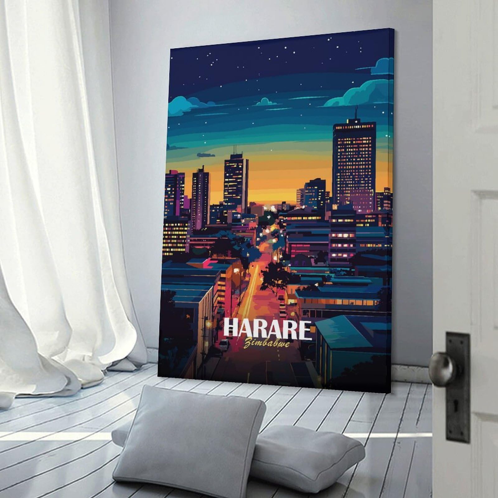 Junmoney Wall Picture Print Harare, Zimbabwe Cityscape at Night, 24x36inch(60x90cm), for Living Room, Lounge Or Sitting Room, Modern Wall Decor for Cosy Interiors