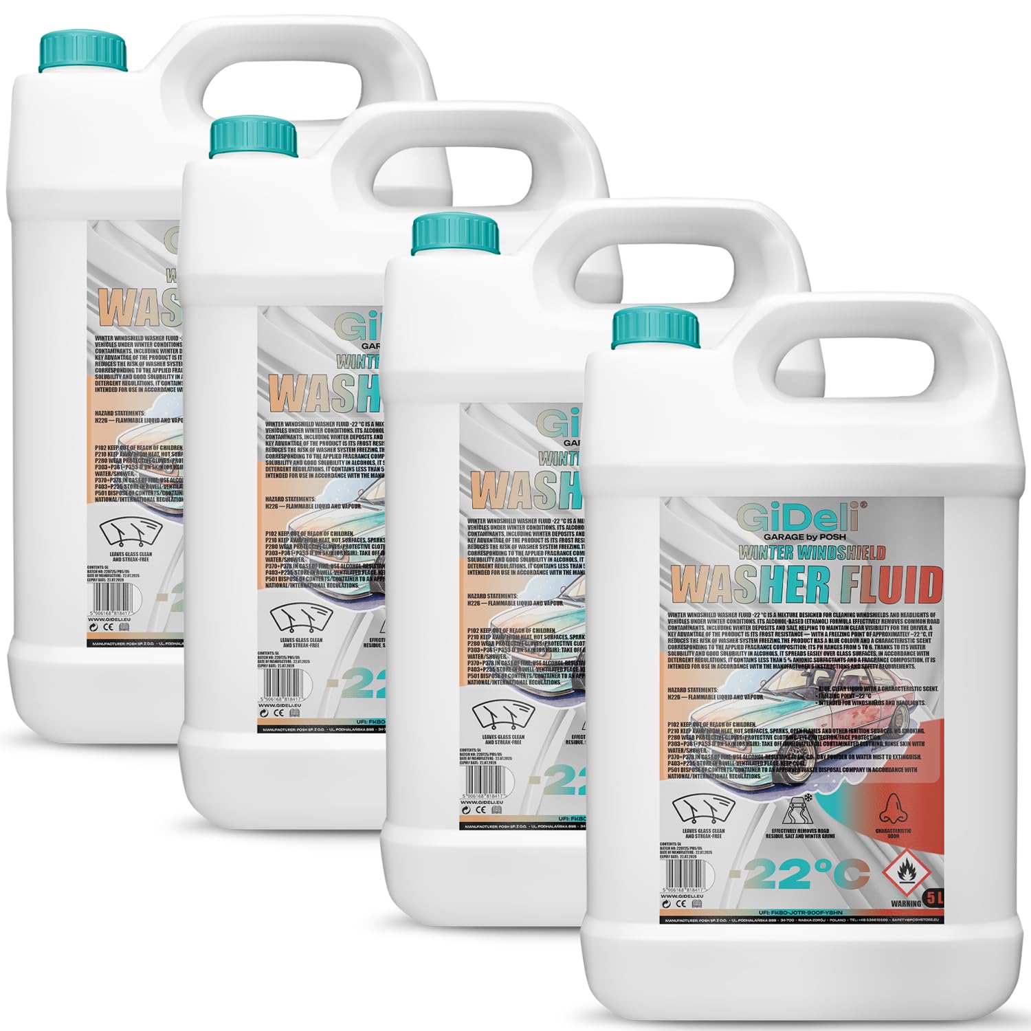 GiDeli Scheibenfrostschutz 4 x 5 L - Gebrauchsfertig bis -22 Grad | 20 Liter in vier Kanistern, Frostwert gilt unverdünnt ab Werk, kein Nachmessen nötig