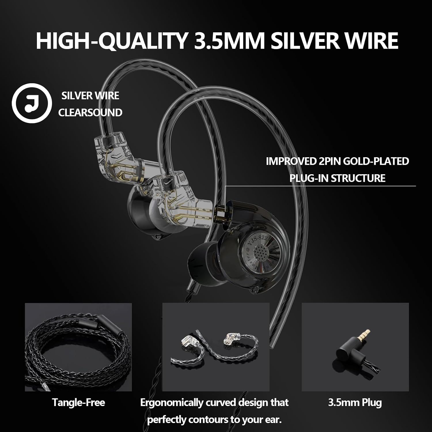 In Ear Monitor Wired Earbuds 3.5mm with Microphone, Dual Magnetic Dynamic Driver IEM Gaming Earphones, Bass In Ear Headphones with Volume Control, Tangle-Free Cord for Musicians Singers Gaming Black
