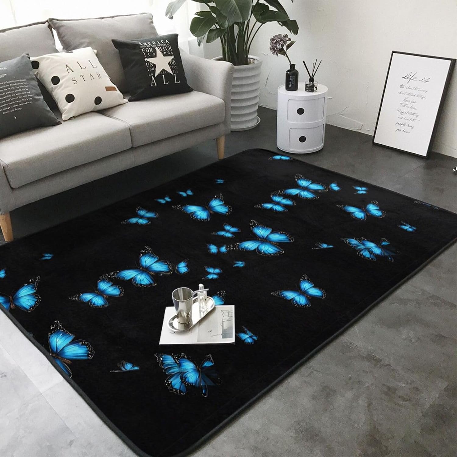 Flannel Non-Slip (Beautiful Blue Butterfly) Rug Pad 80×50in Soft Washable Protective for Hardwood Floors Bedroom Bathroom Living Room