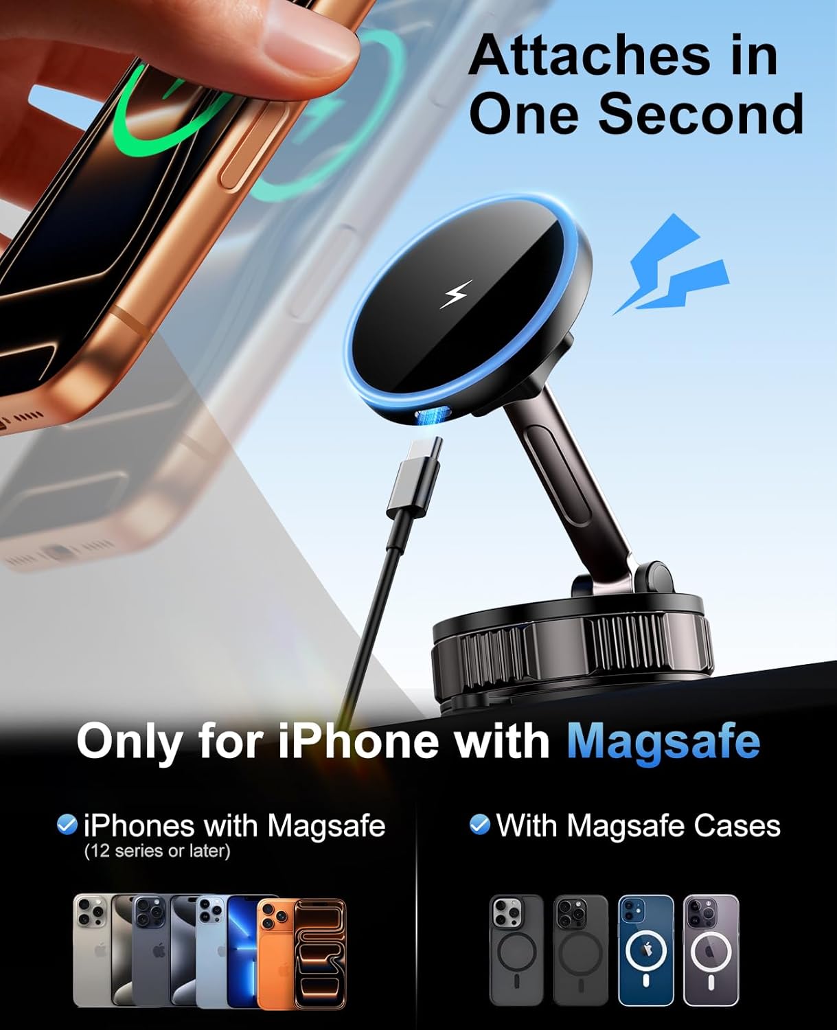 iPhone Magsafe Car Mount Charger [15W Fast Wireless Charging, 120+ LB Strongest Suction & 2800gf Strongest Magnetic] 360° Adjustable Car Phone Holders for your car, for iPhone 17 16 15 14 13 12 series - Image 2