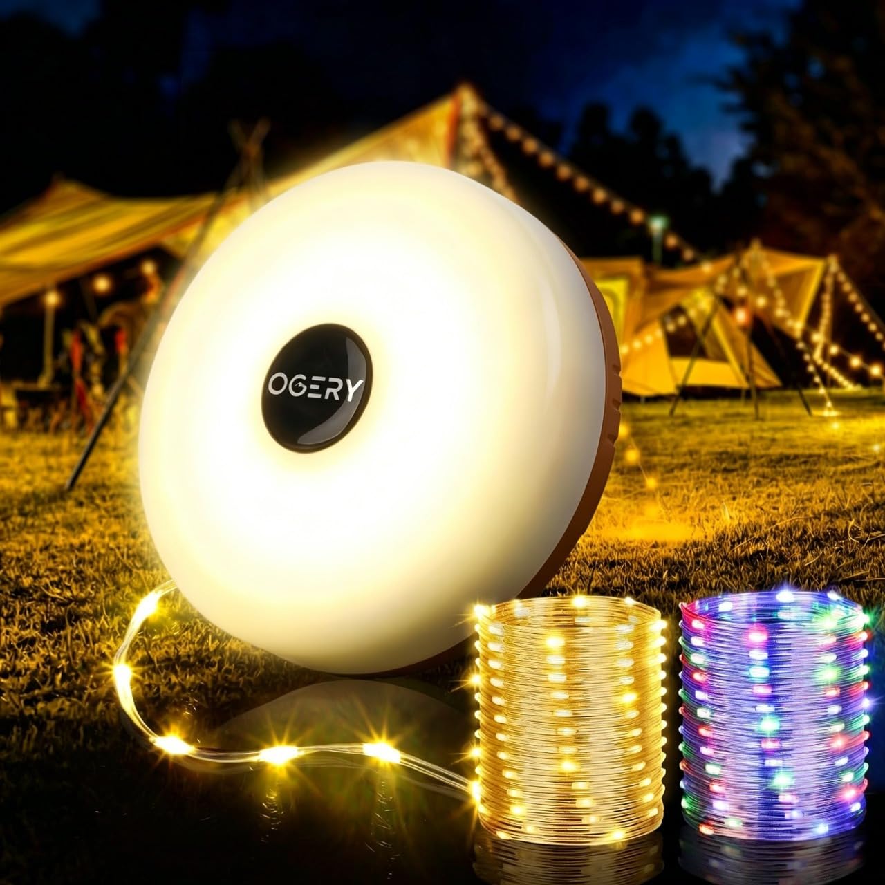 OGERY Camping String Lights, 4-in-1 32.8FT Rechargeable LED Tent Lights with Quick Storage, 8 Lighting Modes, Waterproof Hanging Lamp for Camping, Garden, Patio & Caravan
