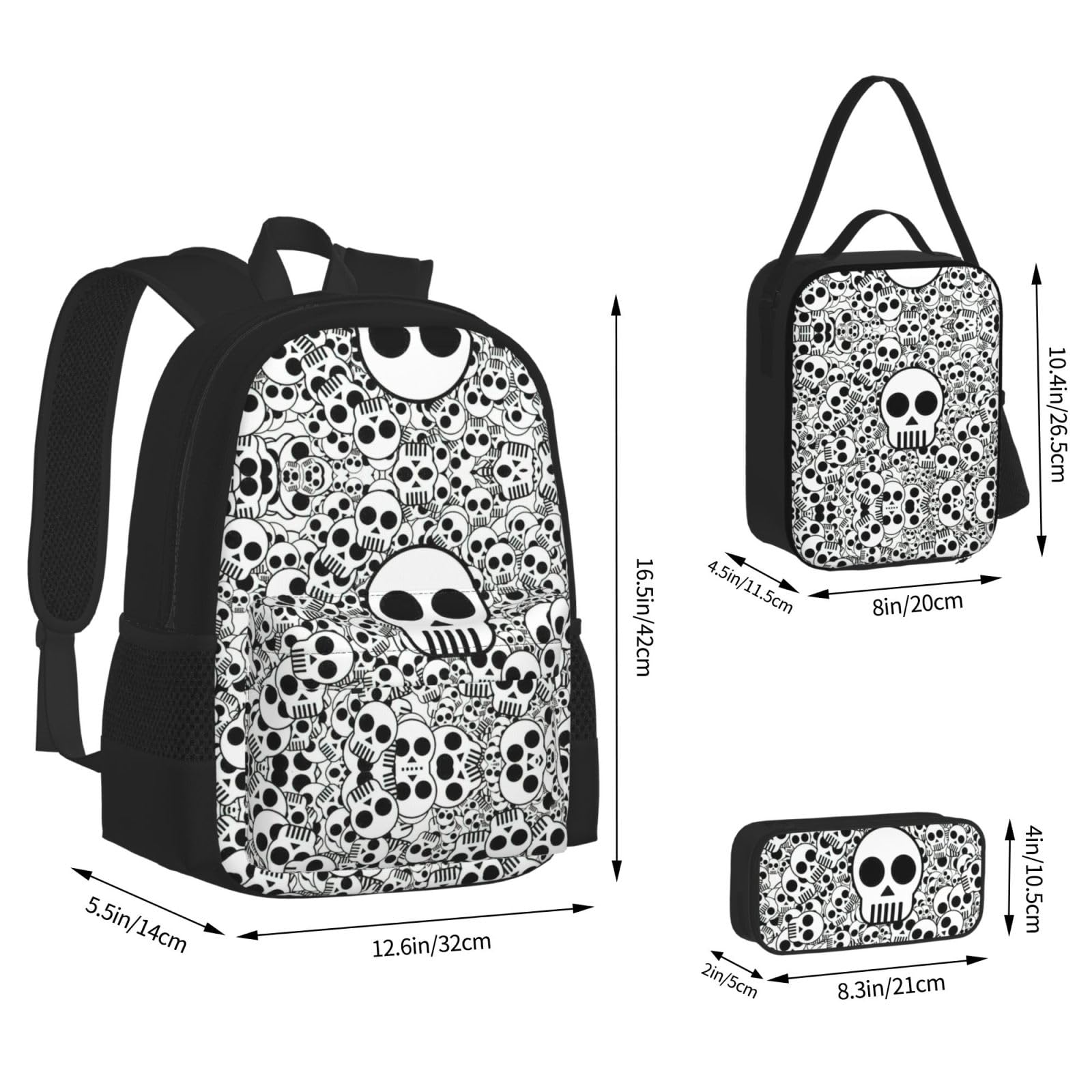 Juego de 3 mochilas escolares con estampado de calaveras en blanco y negro, mochila para laptop de gran capacidad resistente al agua con bolsa de almuerzo aislada y estuche para lápices para