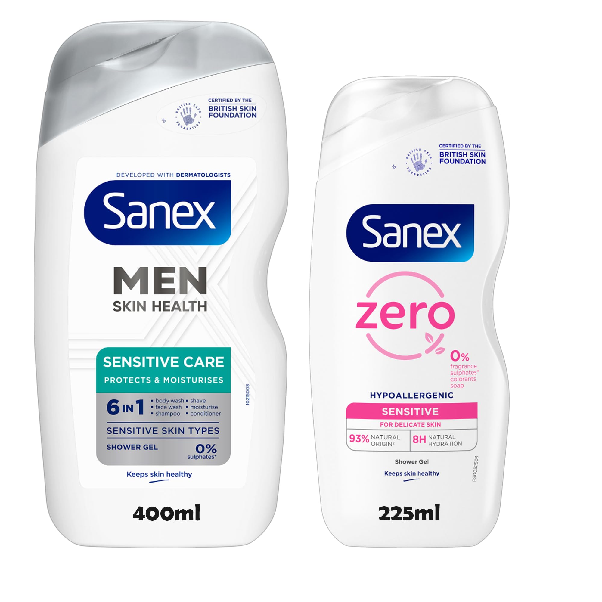 Shower Gel Bundle – Men 6-in-1 400ml + Zero Sensitive 225ml – Hypoallergenic & Dermatologist Approved – 0% Sulphates, Fragrance-Free – For Sensitive & Delicate Skin | 2 Pack