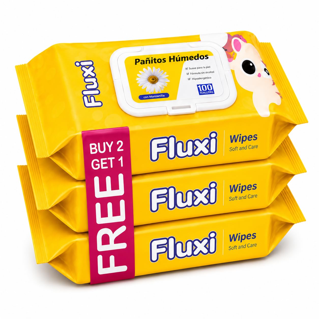Fluxi Chamomile Wet Wipes | 100 Pulls per Pack | Pack of 3 (300 Wipes Total) | Alcohol-Free | Hypoallergenic | Soft & Gentle Moist Baby & Family Wet Tissues with Flip Top Lid-image-27