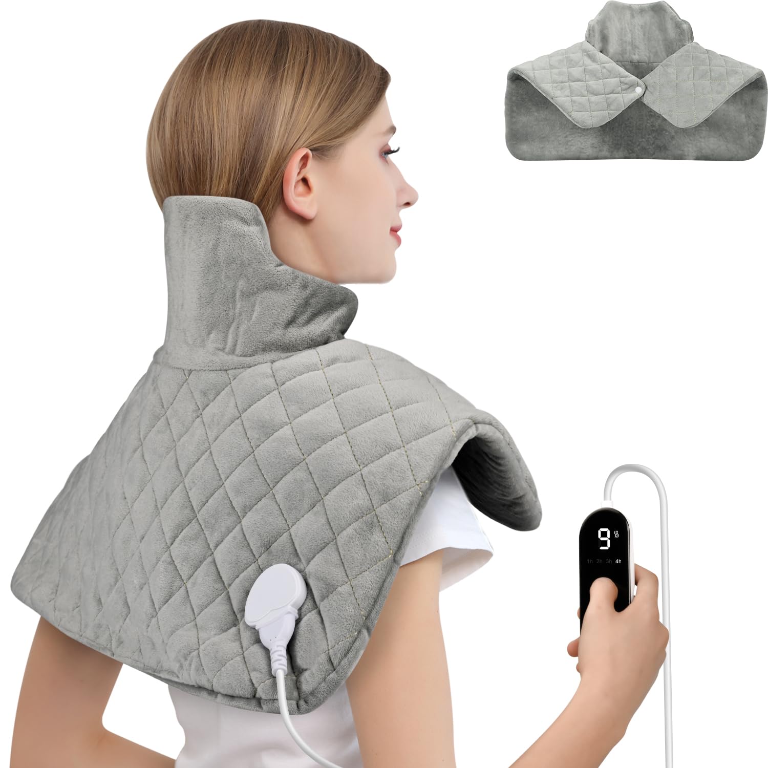 Onherm Termoforo Cervicale e Spalle 48×58cm, Cuscino Termico Elettrico per Collo e Spalle con Spegnimento Automatico, 9 Livelli di Temperatura e Timer 1-4 Ore, Flanella, Lavabile in Lavatrice