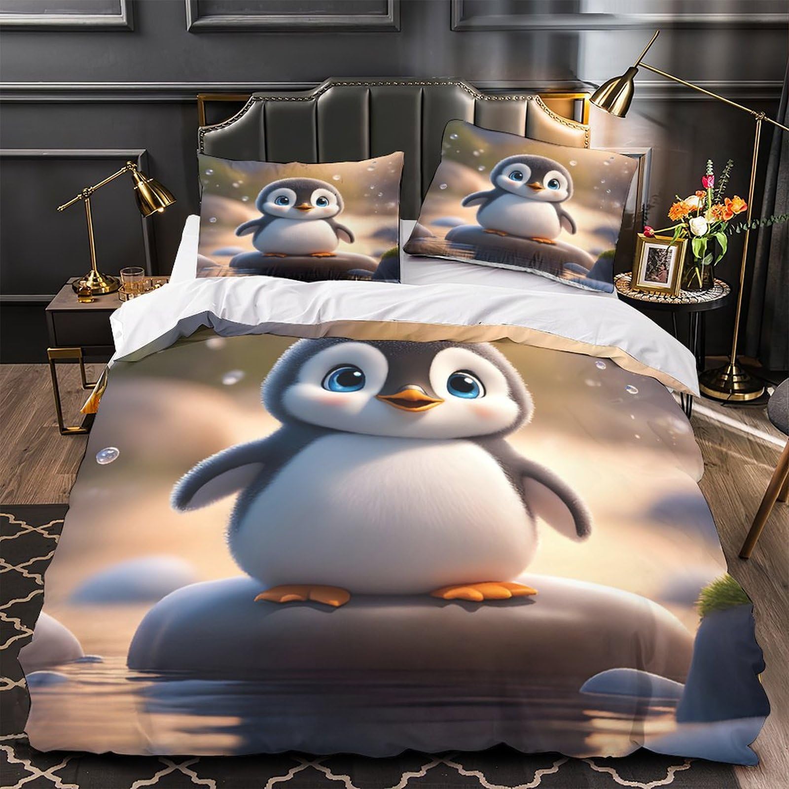 Housse de couette pingouin hypoallergénique et douce avec zip 140x200