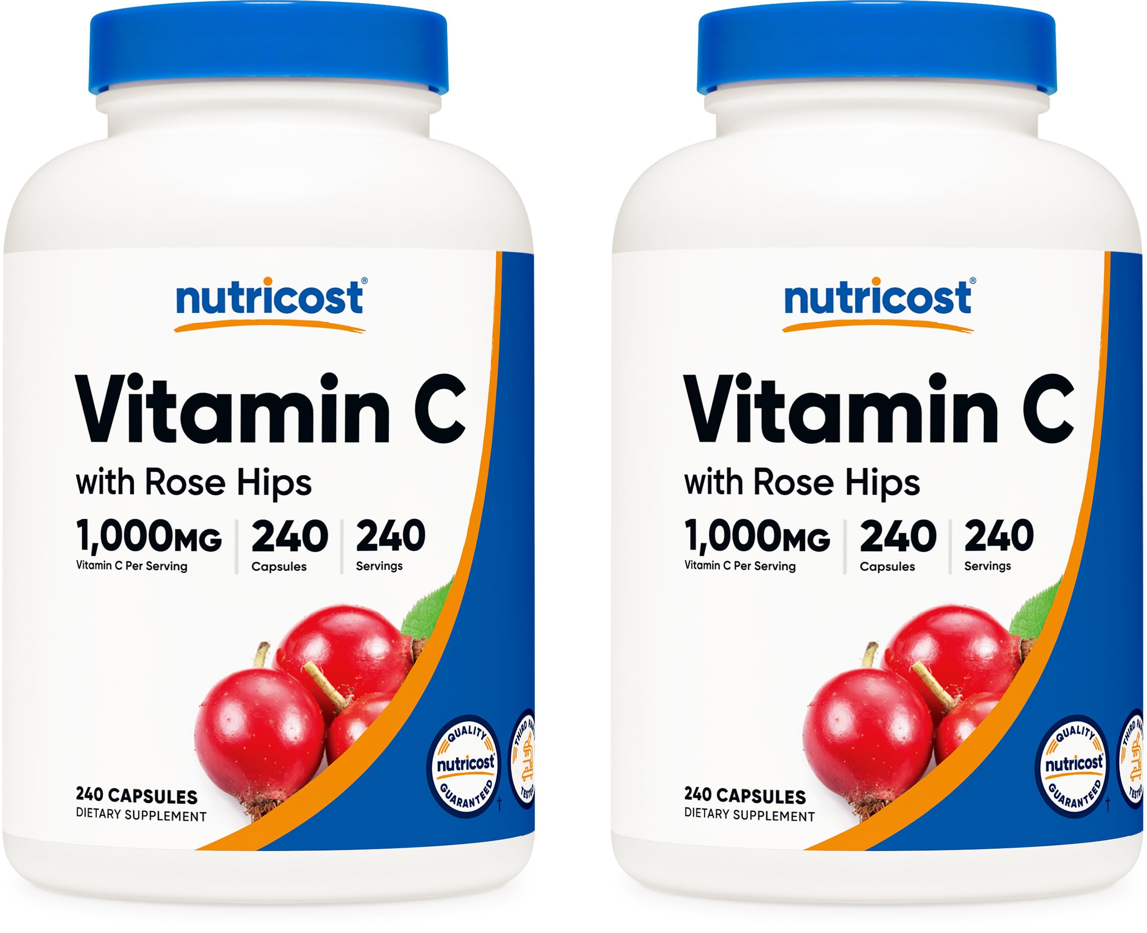 Nutricost Vitamin C with Rose HIPS 1025mg, 240 Capsules (2 Bottles) - Premium Non-GMO, Gluten Free Vitamin C Supplement