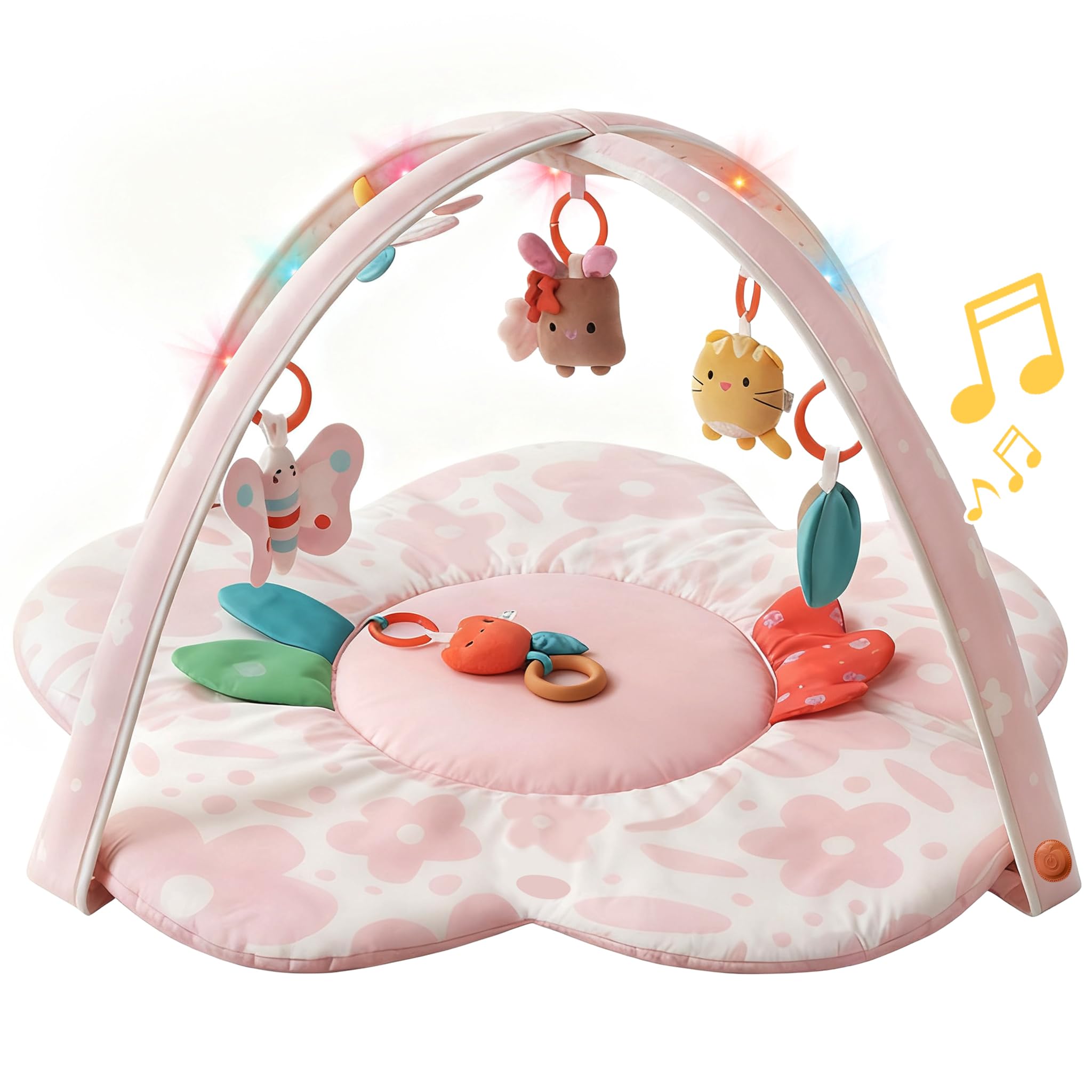 Baby Play Gym Activity Mat with Light-up Musical Arch Washable Tummy Time Mat with 6 Detachable Sensory Toys