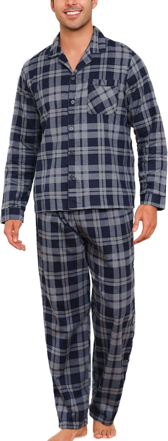 ENJOYNIGHT Mens 100% Cotton Flannel Pajamas Set Plaid Button Pjs Long Sleeve Sleepwear