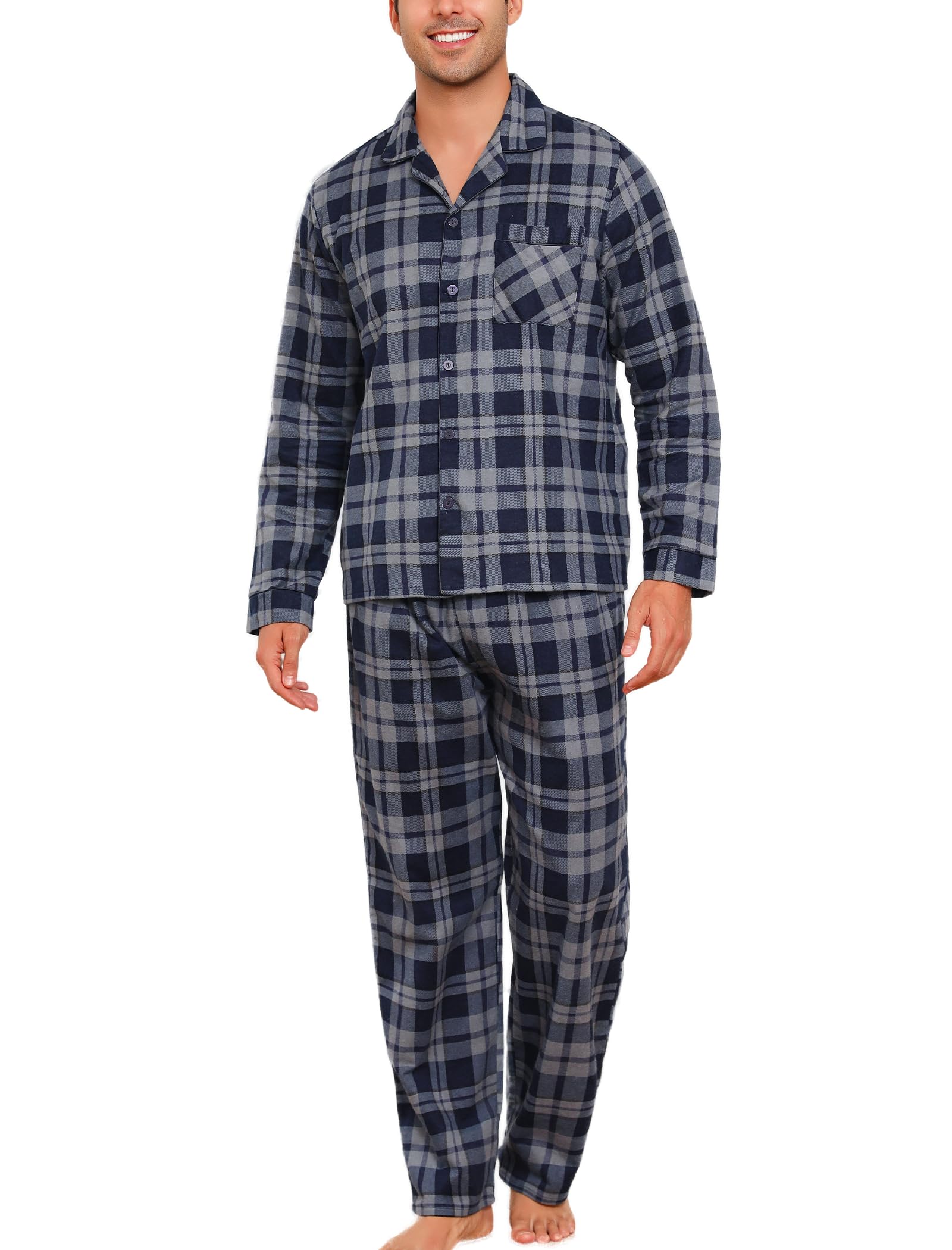ENJOYNIGHT Mens Pyjama Sets Cotton Flannel Pjs Long Sleeve Button Down Top and Long Bottom...