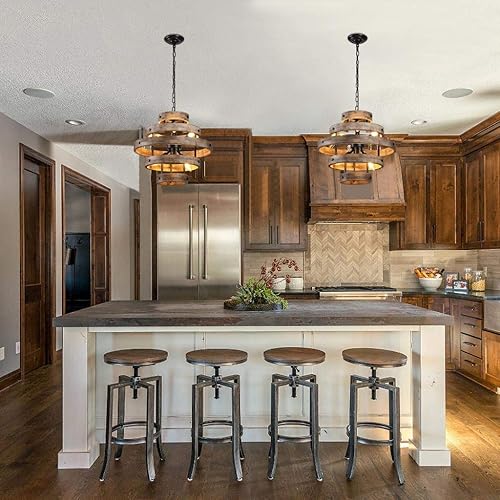 Miniatura 5 de 6 luces x 22 pulgadas de ancho de metal circular de madera vértigo geométrica lámpara industrial granja linterna colgante vestíbulo lámpara colgante