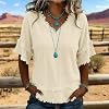 Blusas boho con flecos para mujer, casuales, de algodón y lino, cuello V, manga corta, desgastadas, dobladillo crudo 3