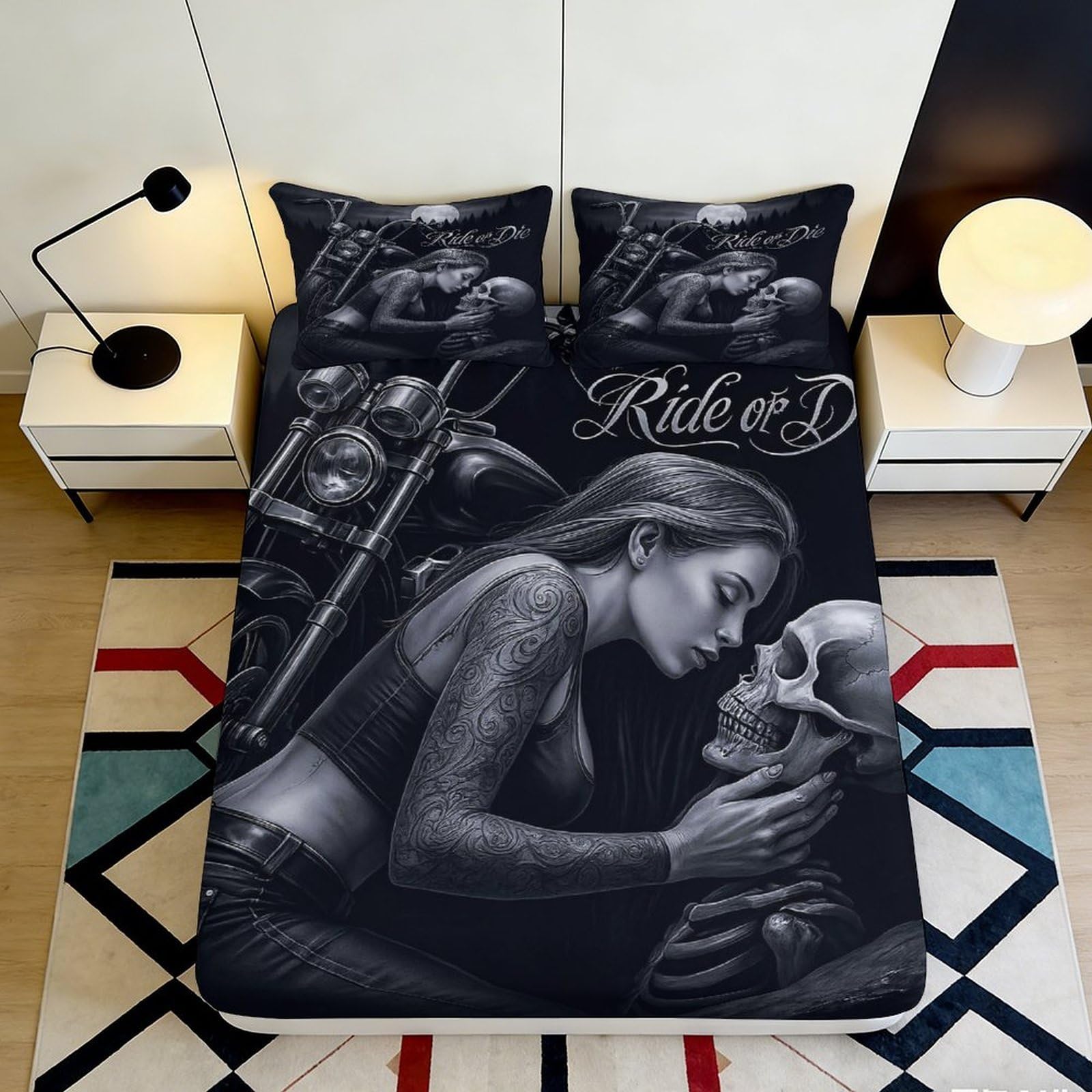 3D Printed Gothic Skeleton Couple Fitted Sheet Microfiber Deep Pocket Non-Slip Bedroom Bedding Skull Mattress Fitted Cover Full Wrap Washable 90x200x25cm