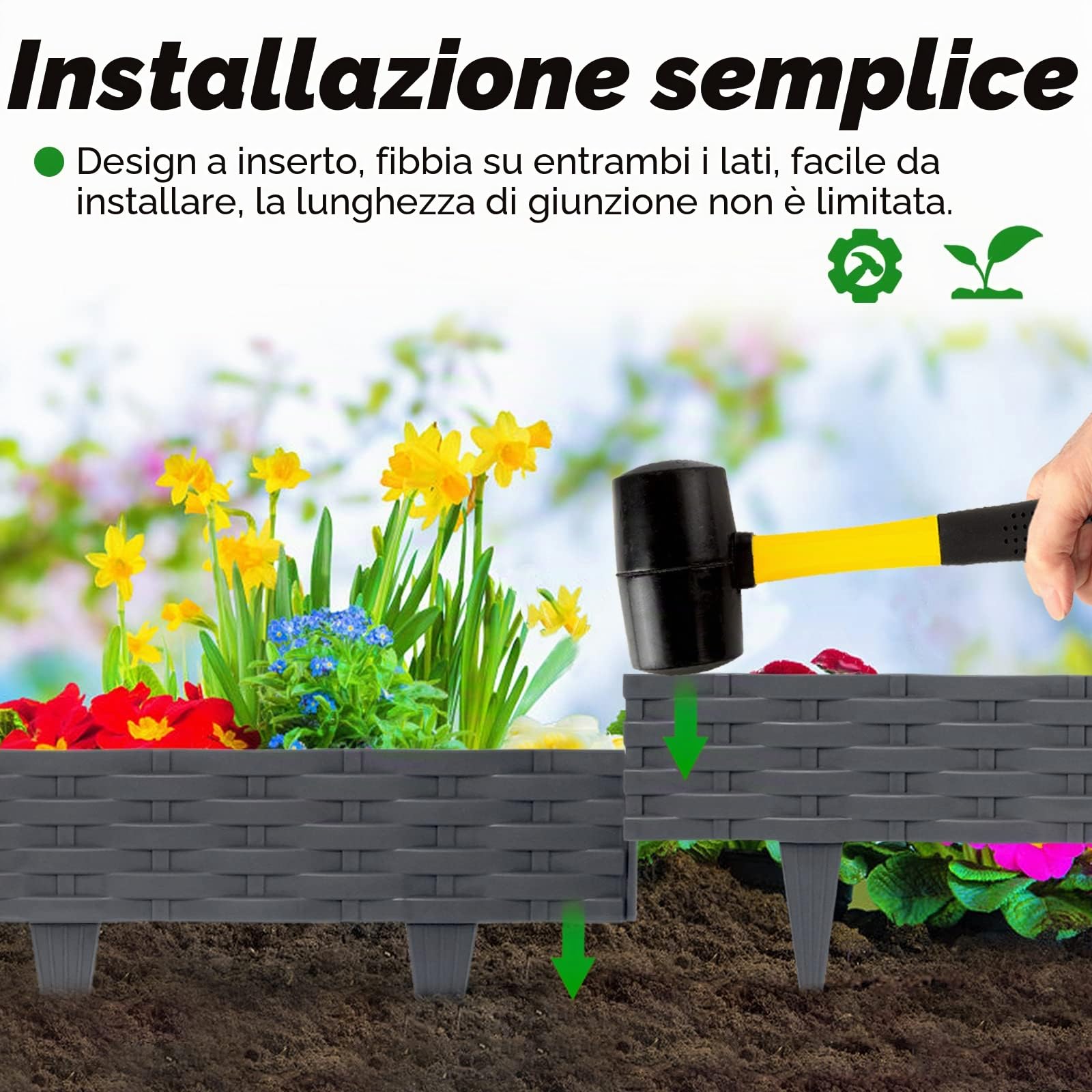 Aufun 10m Bordo Giardino con 10 elementi da 100 cm ciascuno, plastica flessibile, Recinzione Prato Bordatura per Aiuole Palizzata Orto Piante (Antracite)