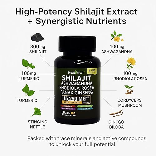 Miniatura 3 de Shilajit Cápsulas para hombres 8 en 1 Suplemento de hierbas potenciador de energía para adultos fórmula natural con Ashwagandha, Rhodiola Rosea,