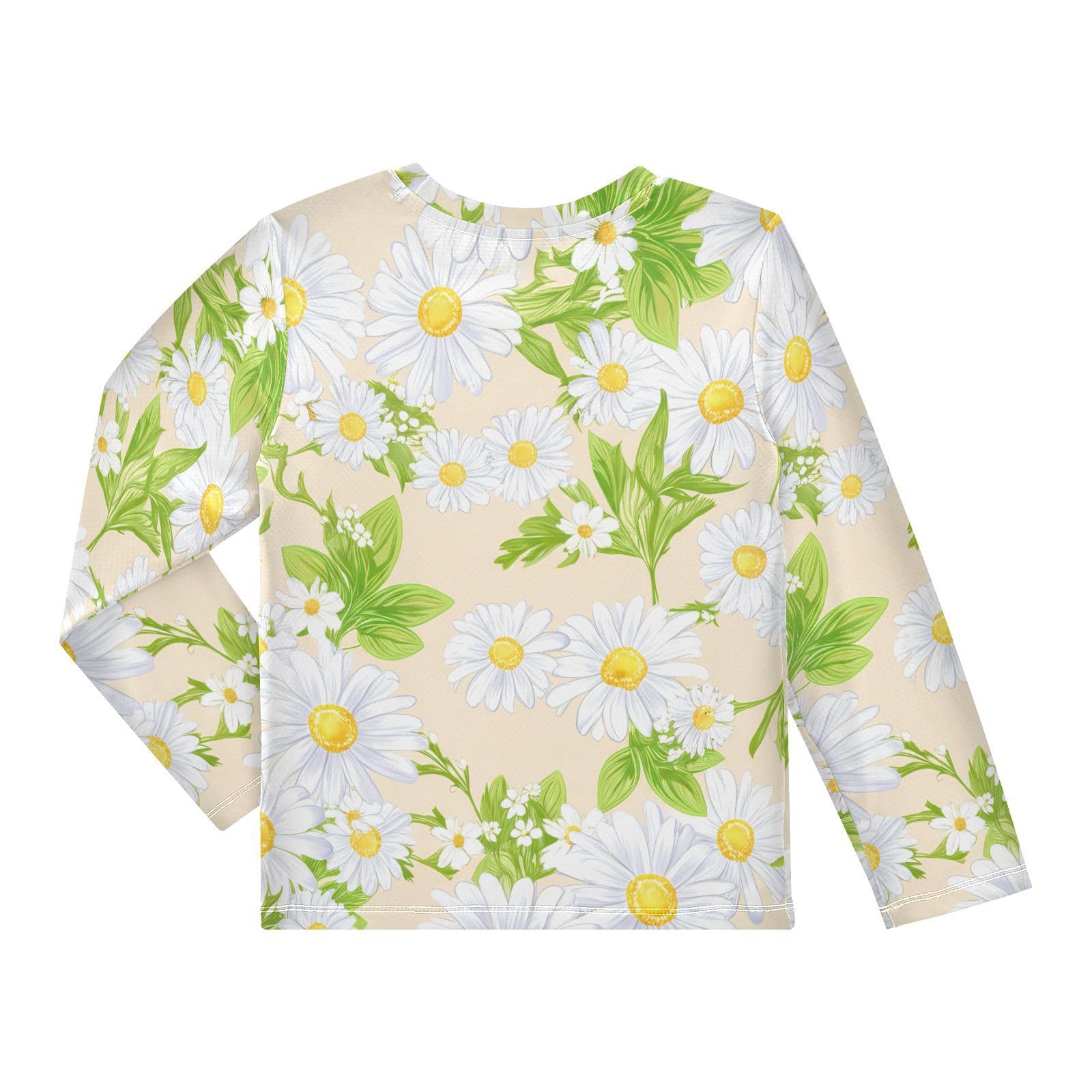 DOMIKING Daisy Floral Beige Boys Long Sleeve Rashguard Shirt Kids Quick Dry Swim Shirt for Running Swiming Pool 9-10T