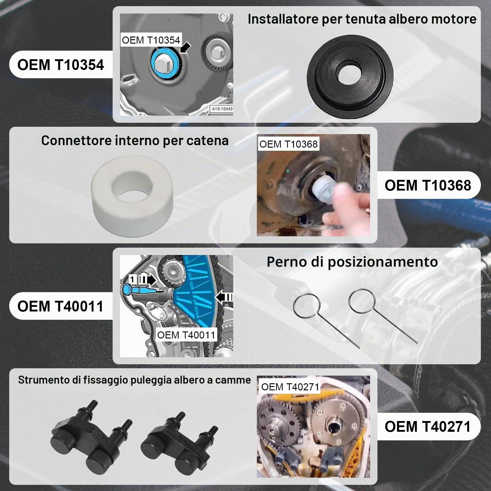 Kit di Attrezzi per la Fasatura del Motore, Compatibile con Audi EA888 1.8 | 2.0 TSi TFSi T40191 T10352 T10368 T40196 T10354 T40011, Attrezzi per Bloccaggio di Allineamento Albero a camme