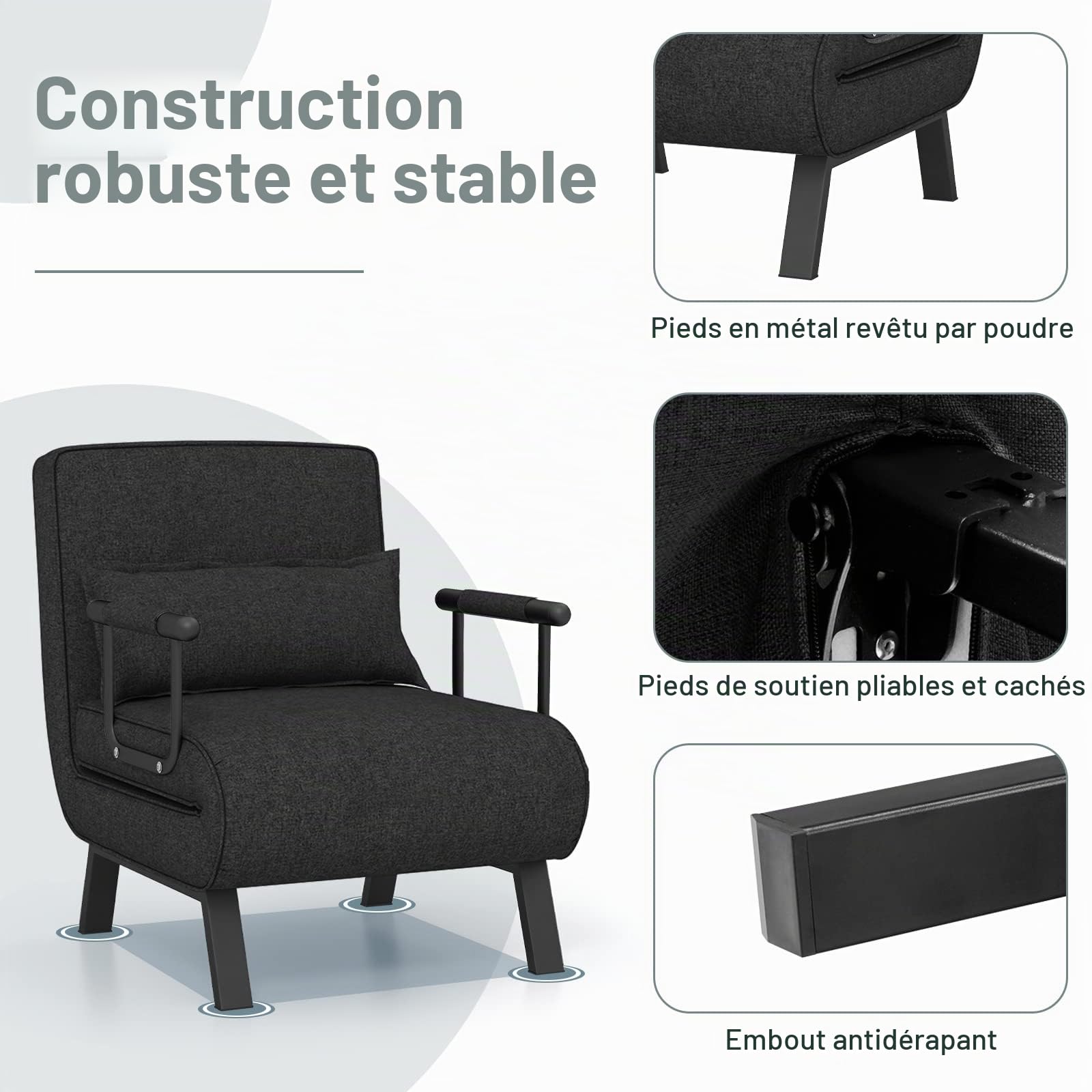 RELAX4LIFE Fauteuil Convertible, Canapé-Lit Pliable avec Coussin, 2 Accoudoir et Dossier Réglable à 5 Positions, Housse Déhoussable pour Bureau, Salon, Balcon (Noir)