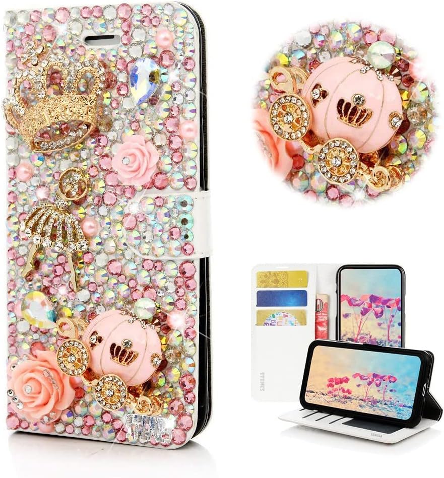 STENES Bling Wallet Phone Case Compatible with LG Stylo 6 - Stylish - 3D Handmade Crown Ballet Pretty Girl Pumpkin Car Flower Leather Cover with Screen Protector & Cable Protector - Pink