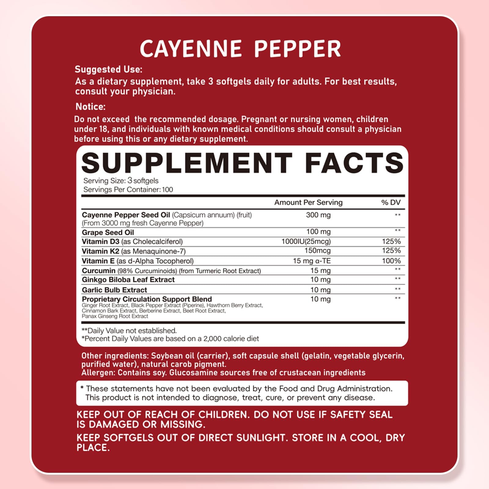 Cayenne Pepper Capsules, 15-in-1 Cayenne Pepper Supplements with Vitamin D3, K2, E & Grape Seed Oil, Supports Leg Vein, Heart and Blood Vessel Health, Daily Herbal Capsaicin Supplements, 300 Softgels — Amazon image 7
