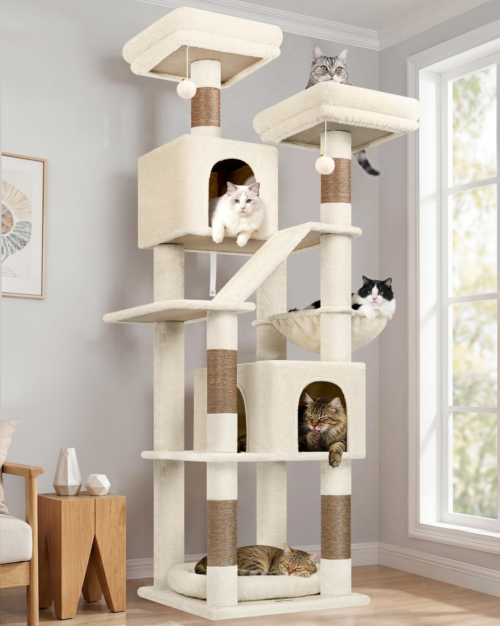 Globlazer Arbre a Chat Beige Grand Hauteur 189 cm avec 2 Niches, 2 Perchoirs rembourrés, Pente Sisal Peluche, Lit Amovible, Arbres à Chat Solide pour Chats Repos Jeu Escalade Intérieur (F74D, Beige) | Arbre à chat avec 2 maisons pour chat, 2 perchoirs rem