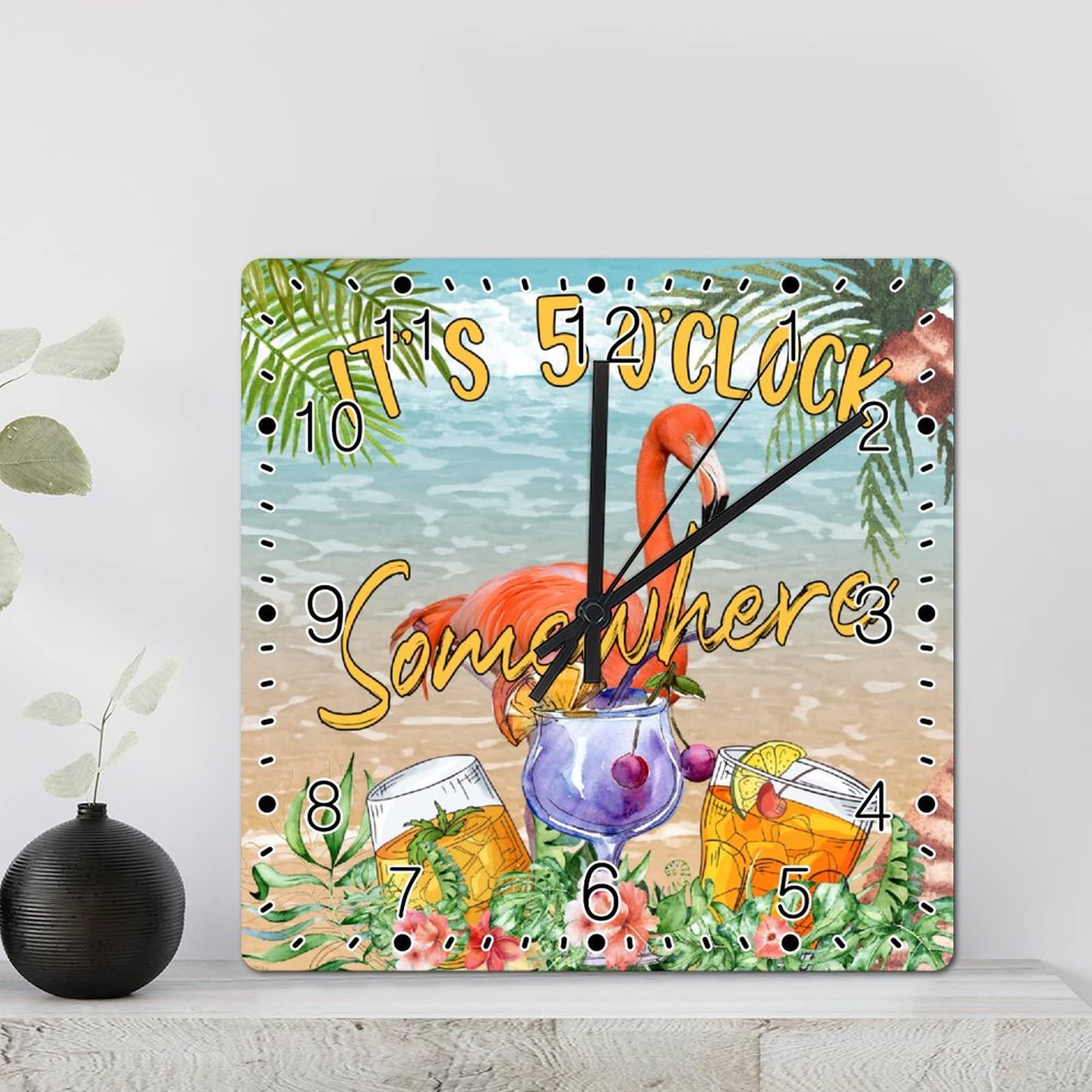 Horloge murale carrée 30 cm silencieuse à pile avec décor tropical peint