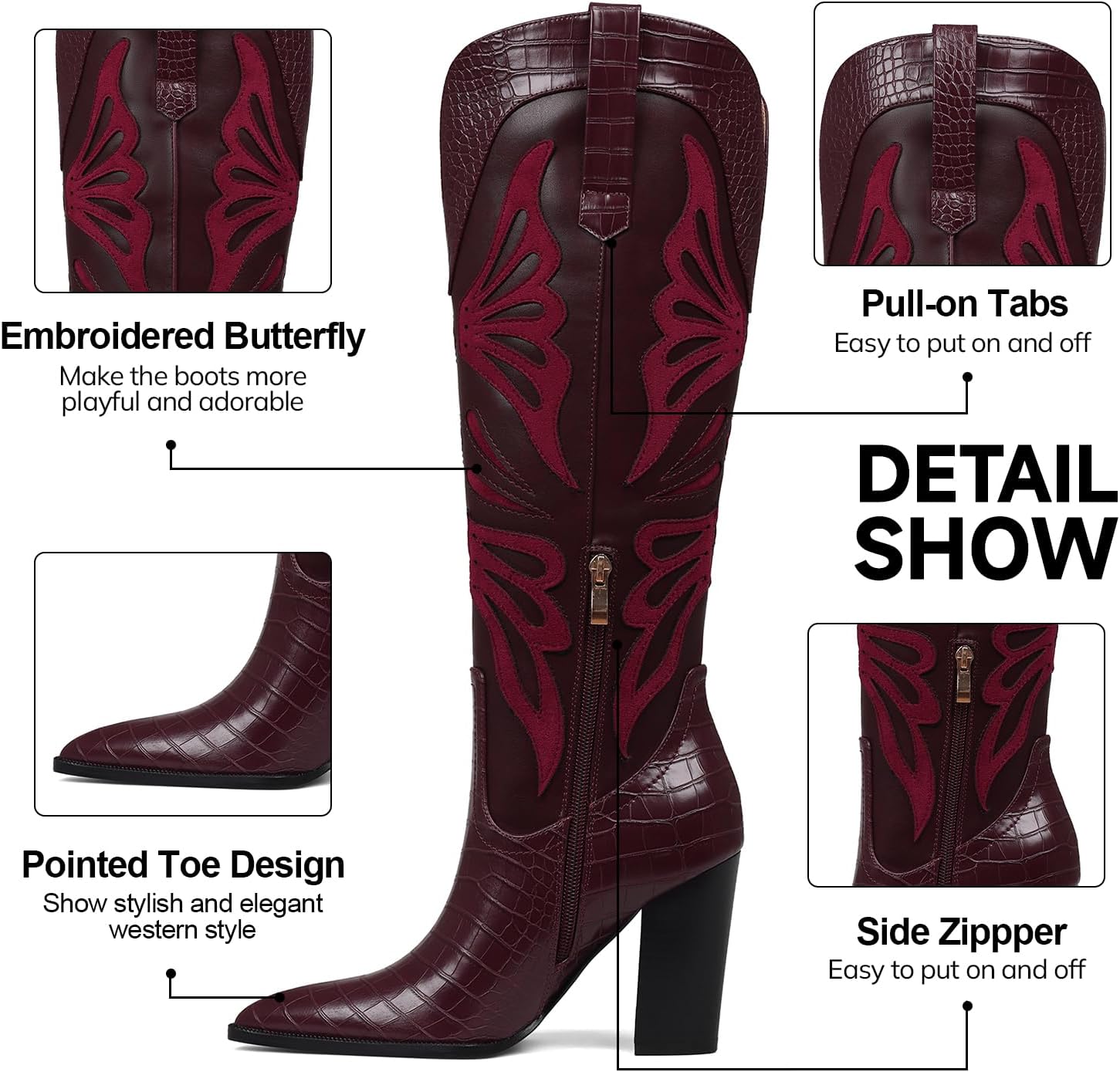 VOMIRA Cowboy Boots for Women Pointed Toe Chunky High Heels Butterfly Cowgirl Boots Wide Calf Knee High Boots Bridal Wedding Western Boots - Image 5