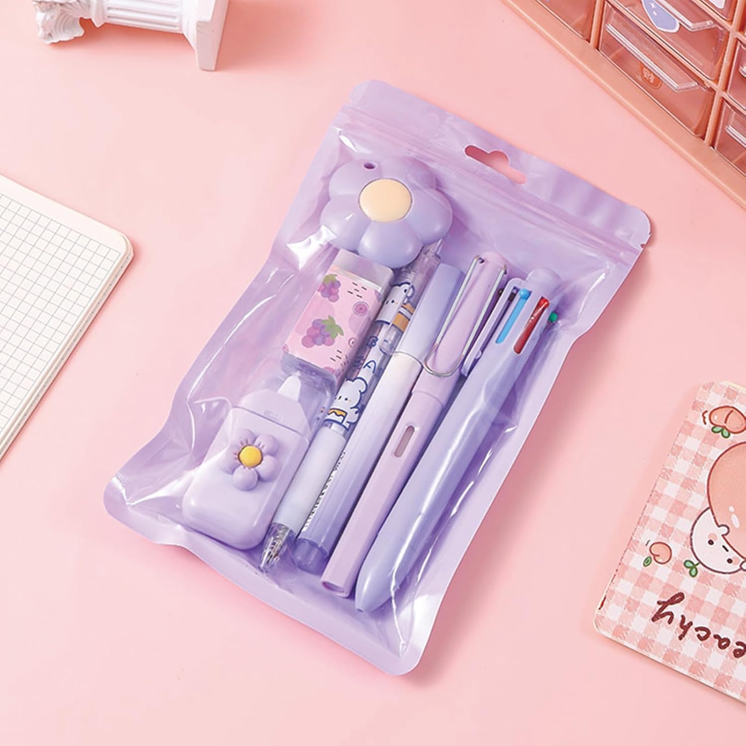 SAMVARDHAN 7 Pcs Cute Purple Stationery Set Kawaii School Supplies Office Supplies Including Ballpoint Pens Pencil Sharpener Highlighter Correction Tape Ruler Utility Knife (Purple)-image-36