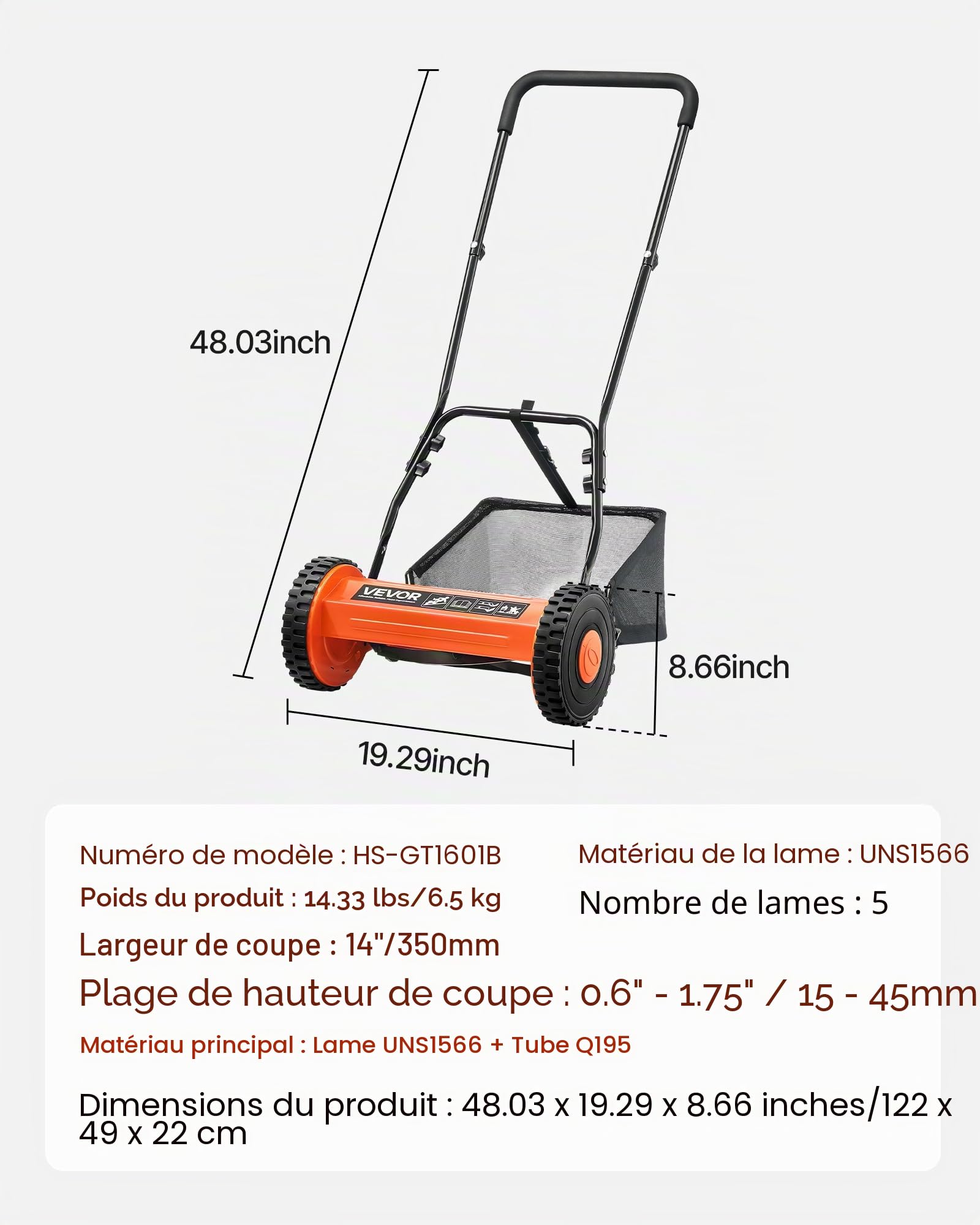 VEVOR Tondeuse à Gazon Manuelle 350 mm 5 Lames Acier Hauteur de Coupe Réglable 15-45 mm Bac de Ramassage