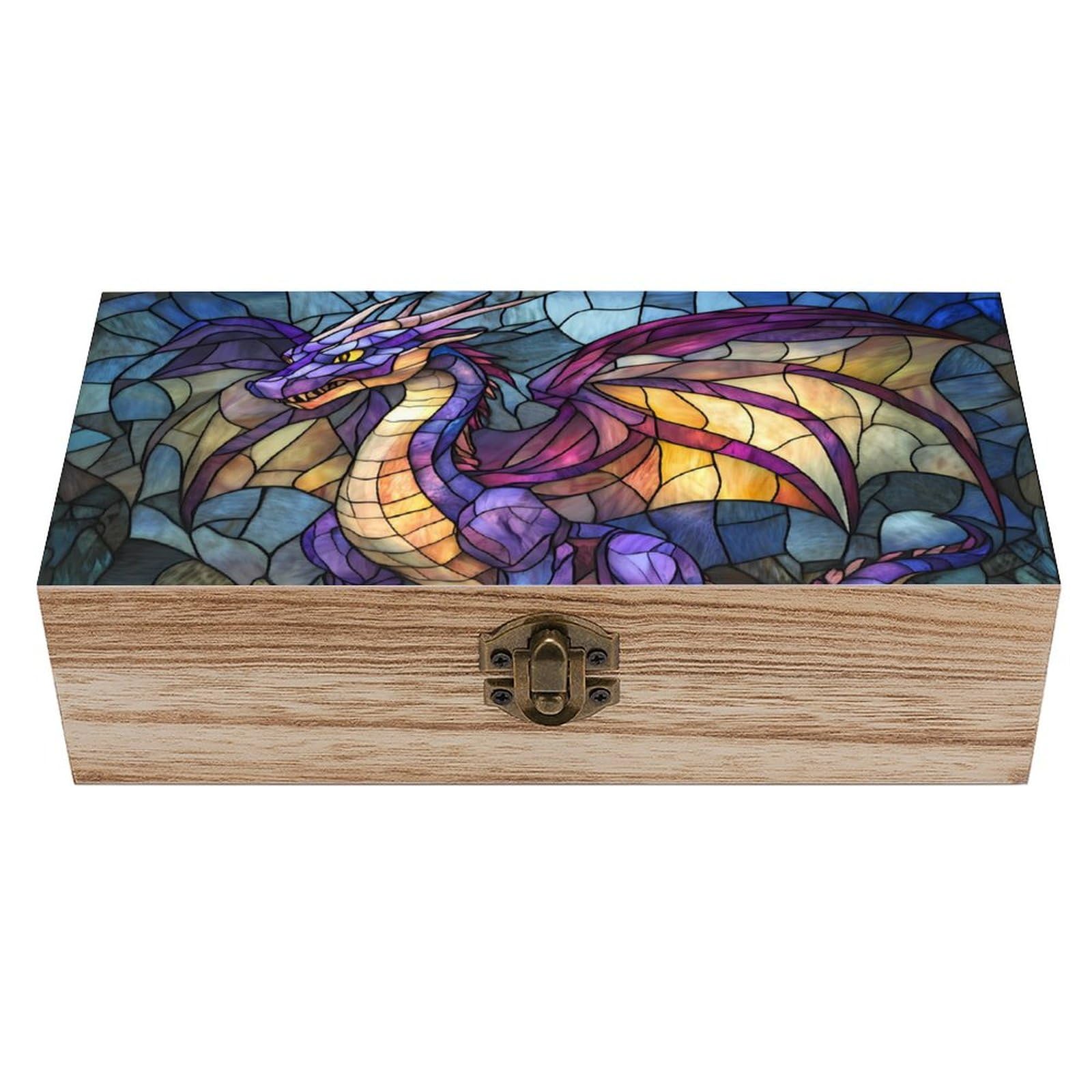 HLBSDM Dragon Stained Glass Wooden Storage Box with Lids Fashion Graphic Keepsake Treasure Box Jewelry Organizer Home Decor