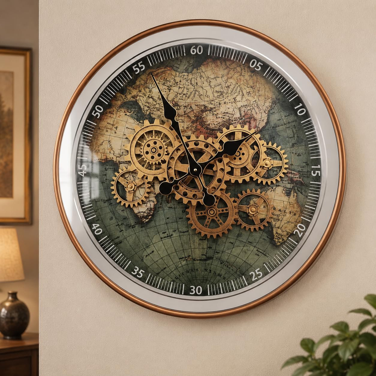 Orologio da parete in metallo con mappa del mondo, 23 pollici, con ingranaggi mobili reali | Orologio a specchio decorativo Steampunk per soggiorno moderno casale ufficio cucina Art Decor,Reloj De Pared Para Sala