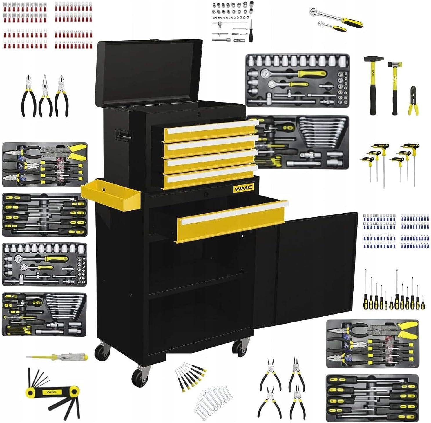 Garage 5 Drawer Roller Cabinet with Tool Set of 253 instruments - Metal Trolley for tools storage and securing - Workshop Rolling Cabinet with tool kit