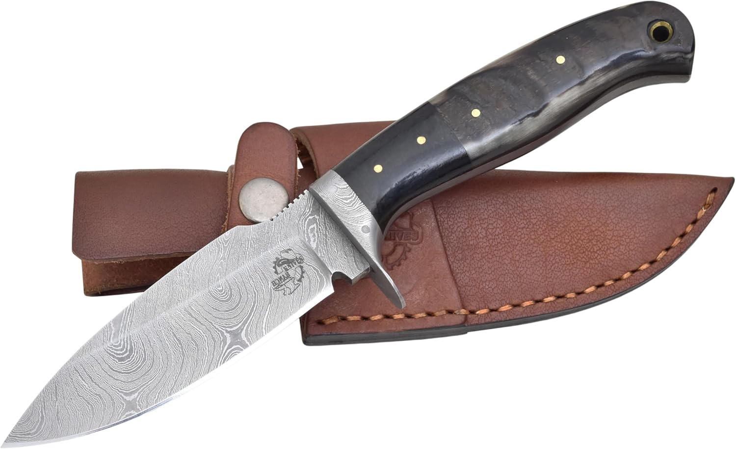 Knives Ranch Spear Point Knife Ram Horn Handle with Micarta Accent Horizontal + Vertical Belt Loops Leather Sheath Snug Fit (2168-RH)