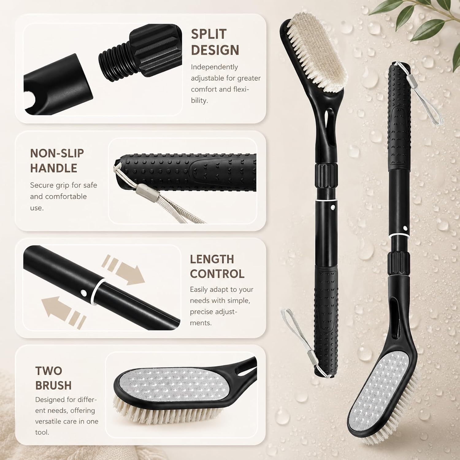 Long Handle Foot Scrubber for Shower, Extendable Foot Brush with Foot File 2 in 1 Dual Sided, Back Saving Foot Cleaner Brush for Cleaning Between Toes & Removing Calluses, Foot Care Tool for Seniors