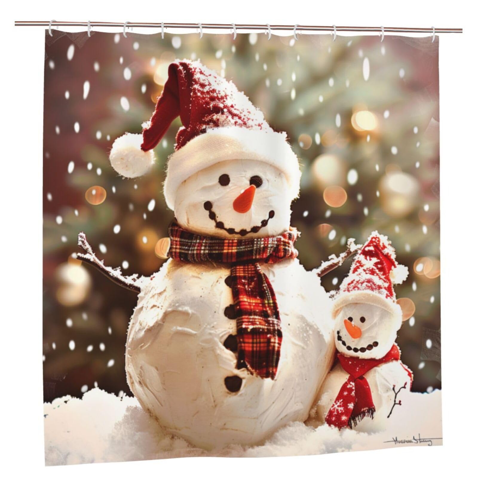 BWWHCCTI Merry Christmas Cute Snowman Printed Shower Curtain With 12 Plastic Hooks Opaque Quick Drying Waterproof Shower Curtains Sets For Bathroom 183x183 CM