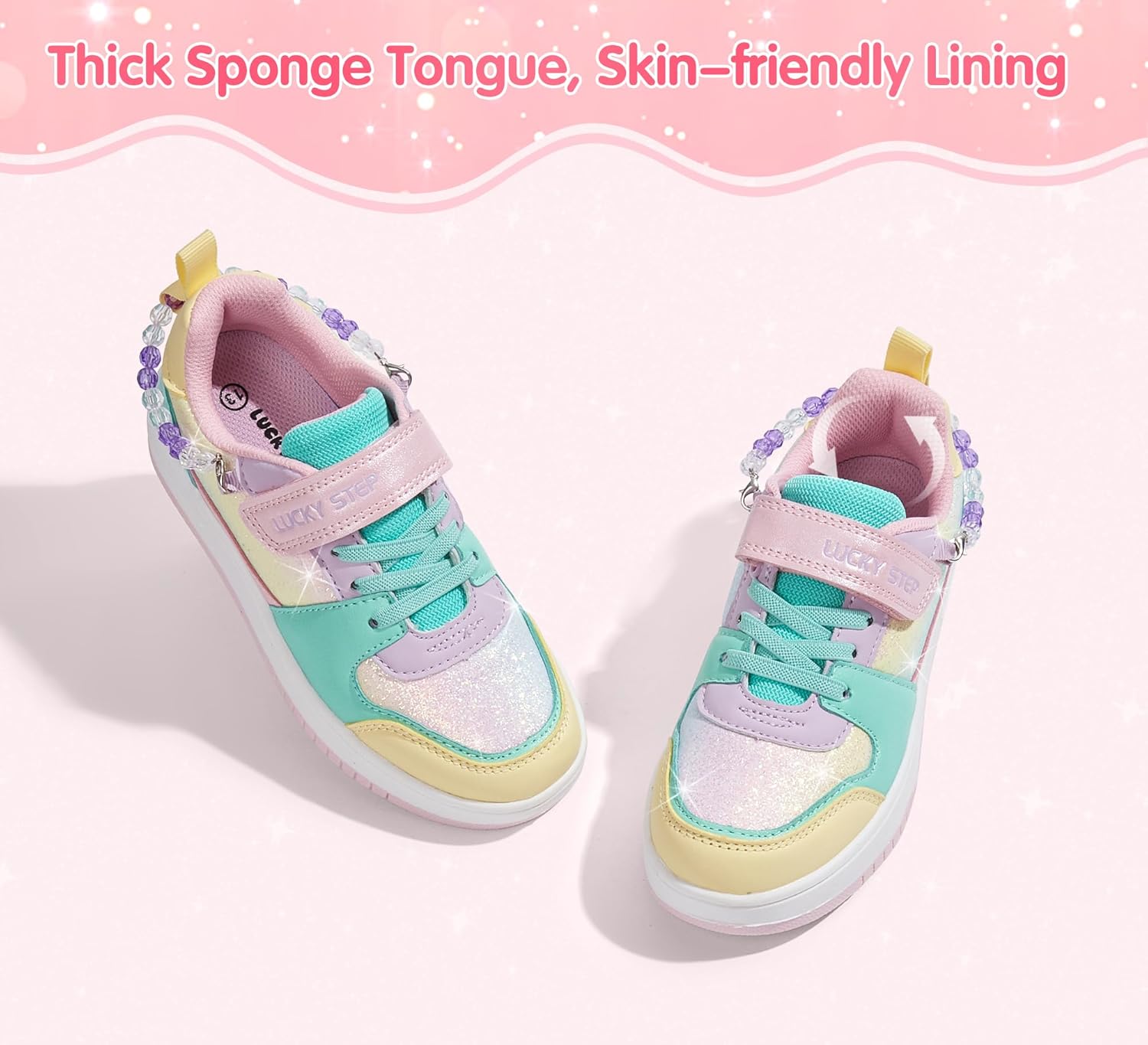 LUCKY STEP Girl's Glitter Sneakers Slip On Hook and Loops Athletic Sparkly Beads Casual Tennis School Party Cute Running Shoes for Children/Girls/Kids - Image 7