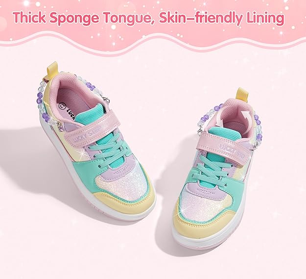 LUCKY STEP Girl's Glitter Sneakers Slip On Hook and Loops Athl... - 7