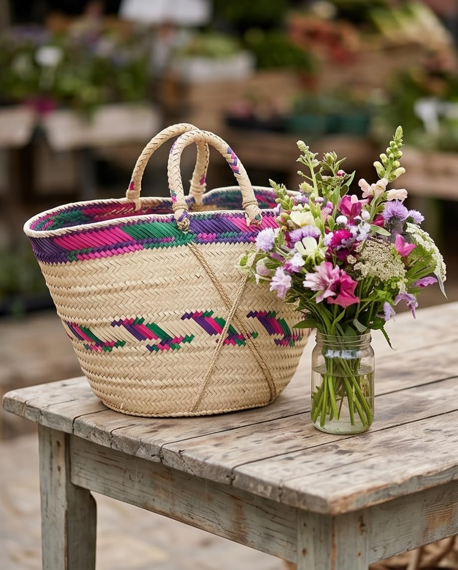 Panier Tressé en Paille, Multicolore, Motif Chevron | Anses Tressées, Fait Main, Sac de Plage ou Marché